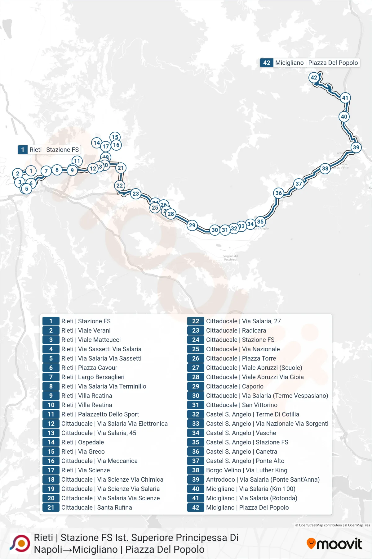 Linea COTRAL bus (Rieti | Stazione FS Ist. Superiore Principessa Di Napoli→Micigliano | Piazza Del Popolo) - Percorsi e fermate sulla mappa