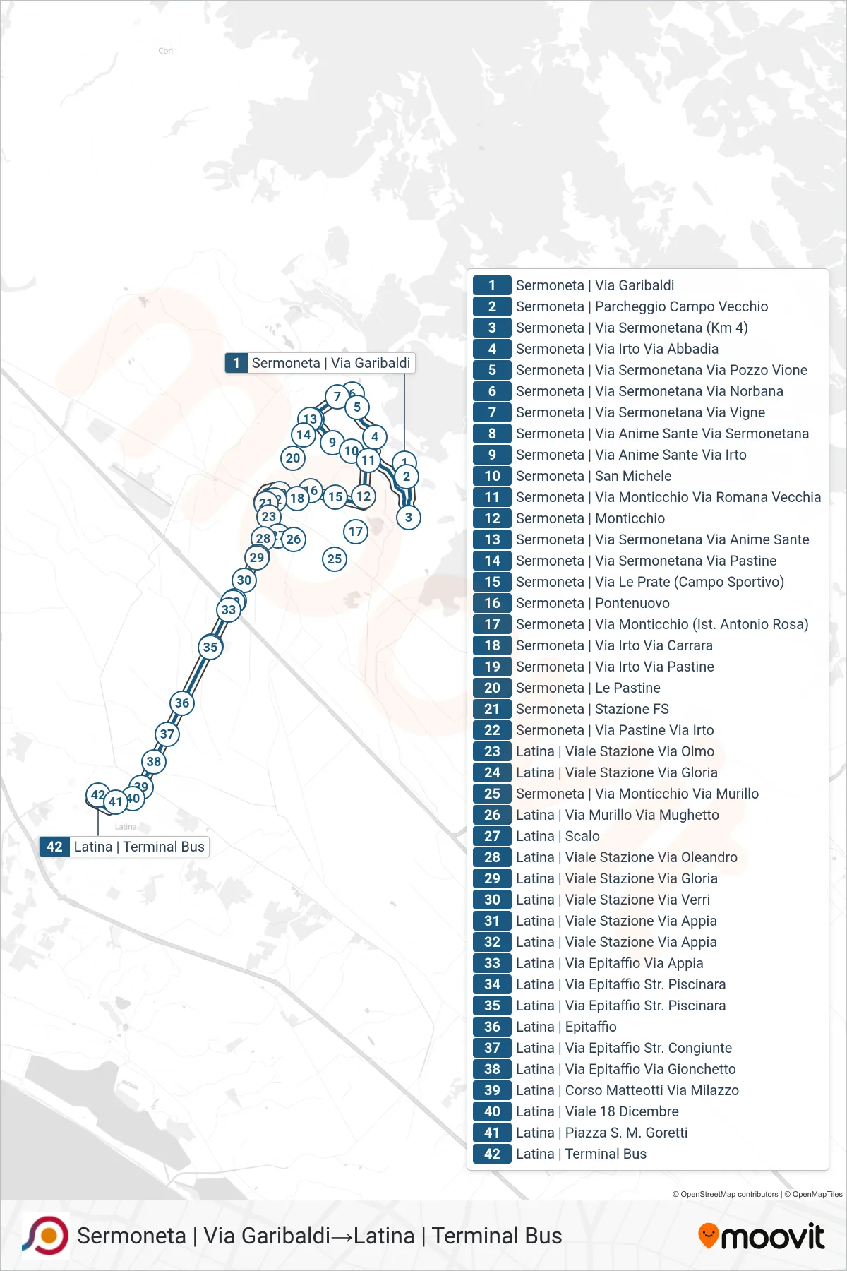 Linea COTRAL bus (Sermoneta | Via Garibaldi→Latina | Terminal Bus) - Percorsi e fermate sulla mappa