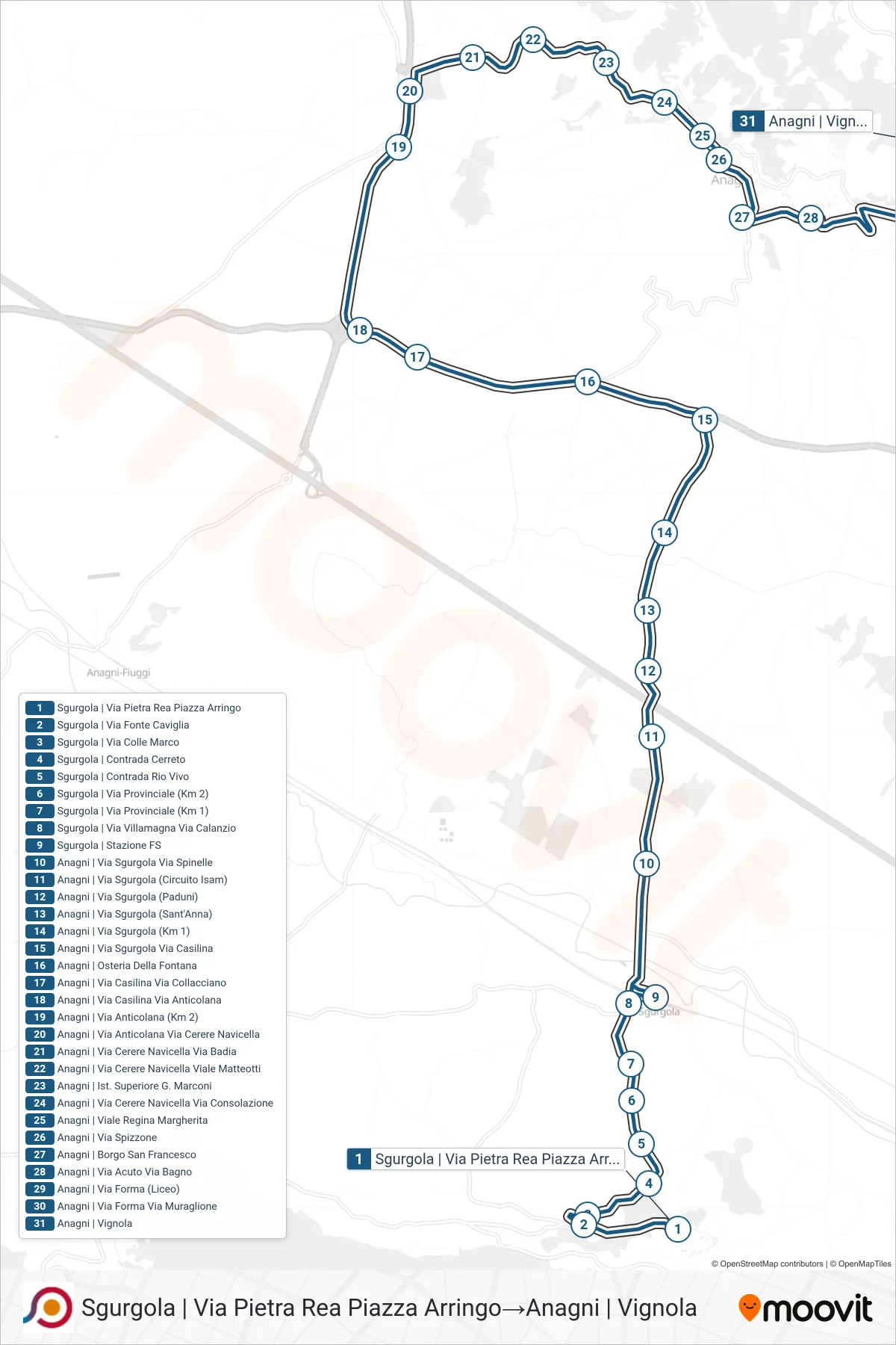 COTRAL bus Line (Sgurgola via Pietra Rea Piazza Arringo→Anagni | Vignola) route and stops on a map