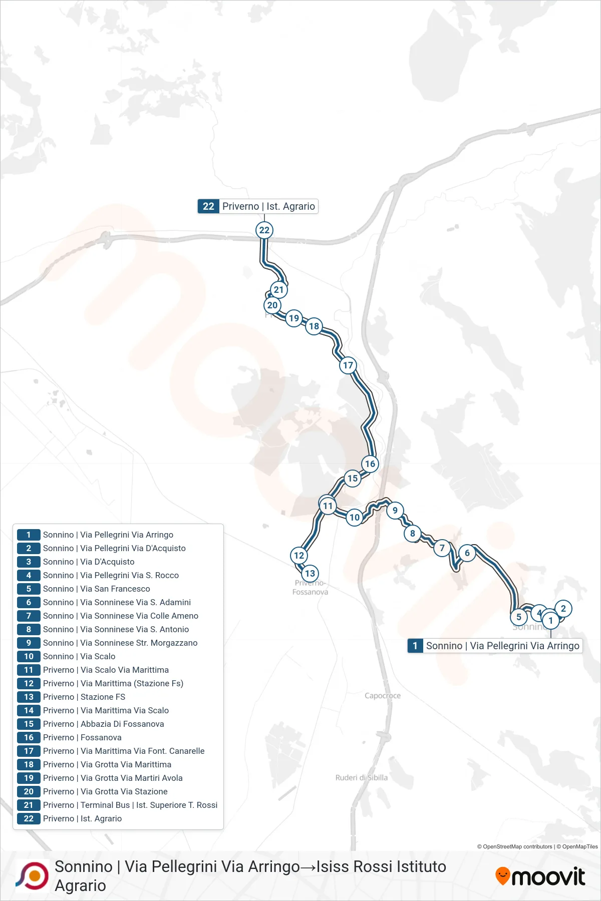 Linea COTRAL bus (Sonnino | Via Pellegrini Via Arringo→Isiss Rossi Istituto Agrario) - Percorsi e fermate sulla mappa