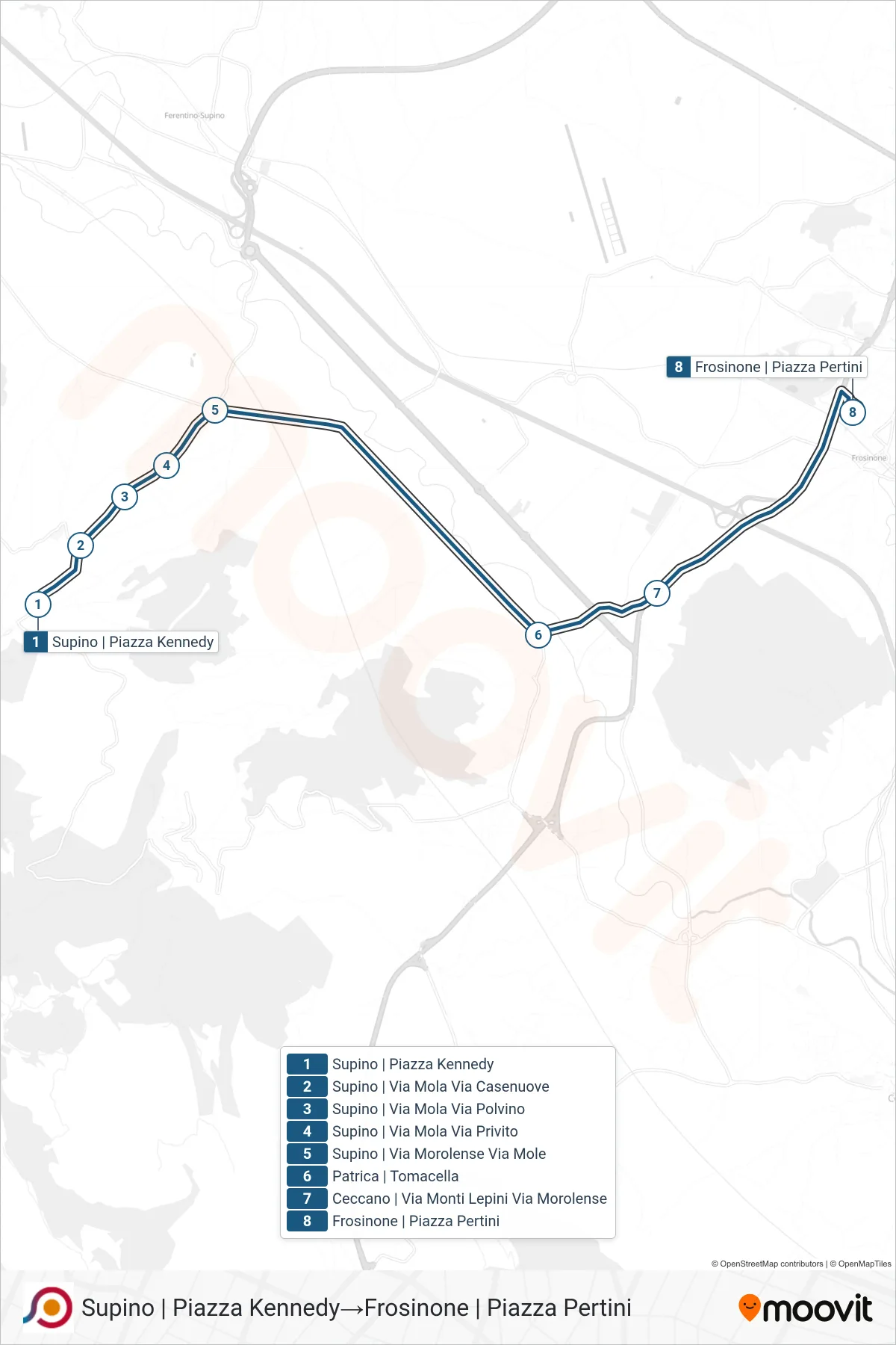 Linea COTRAL bus (Supino | Piazza Kennedy→Frosinone | Piazza Pertini) - Percorsi e fermate sulla mappa