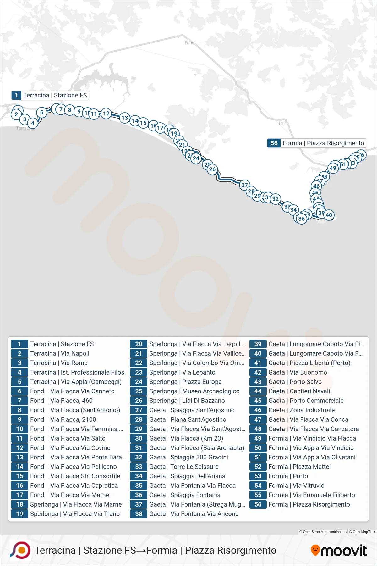 Linea COTRAL bus (Terracina | Stazione FS→Formia | Piazza Risorgimento) - Percorsi e fermate sulla mappa