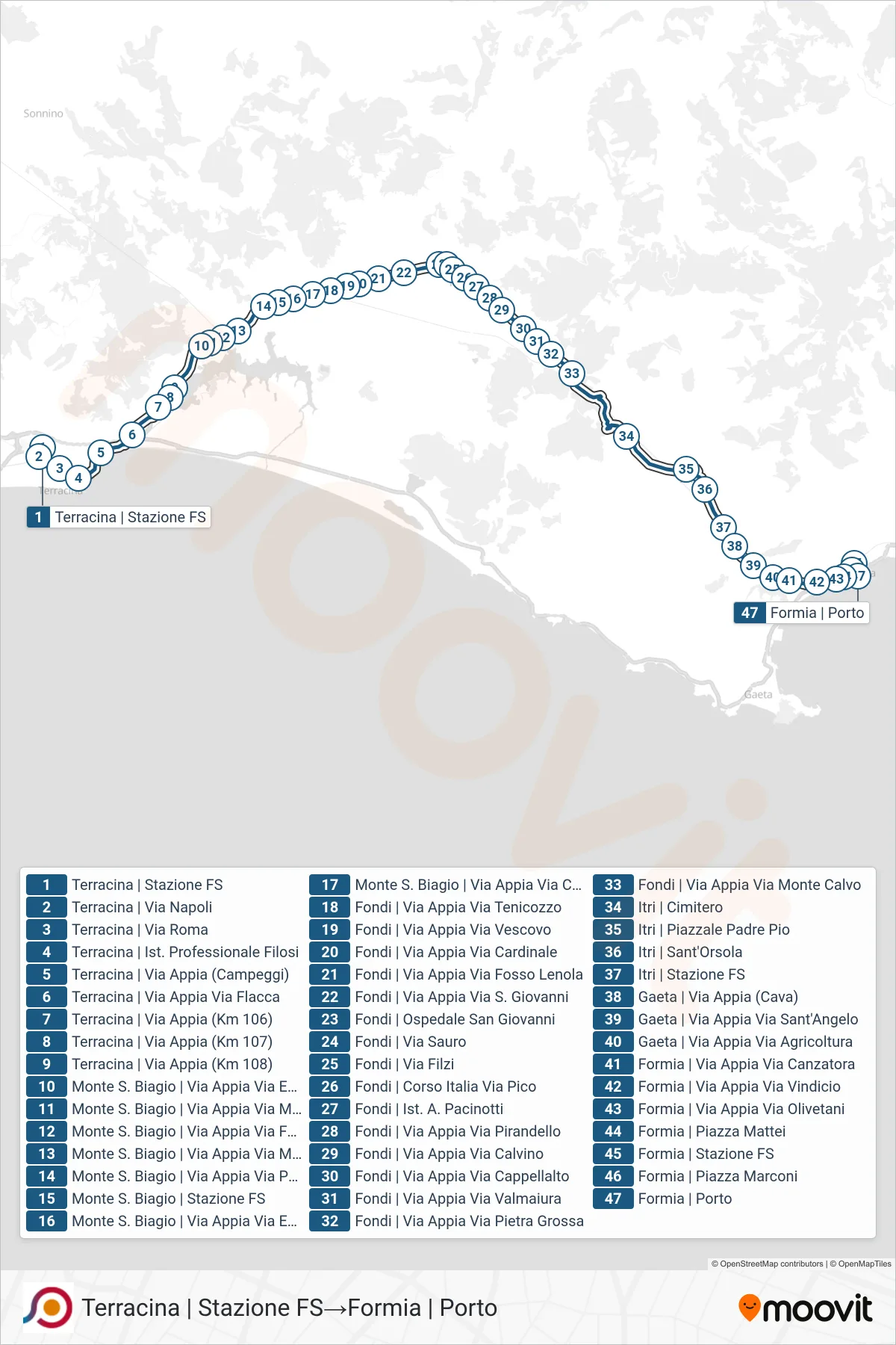 Linea COTRAL bus (Terracina | Stazione FS→Formia | Porto) - Percorsi e fermate sulla mappa