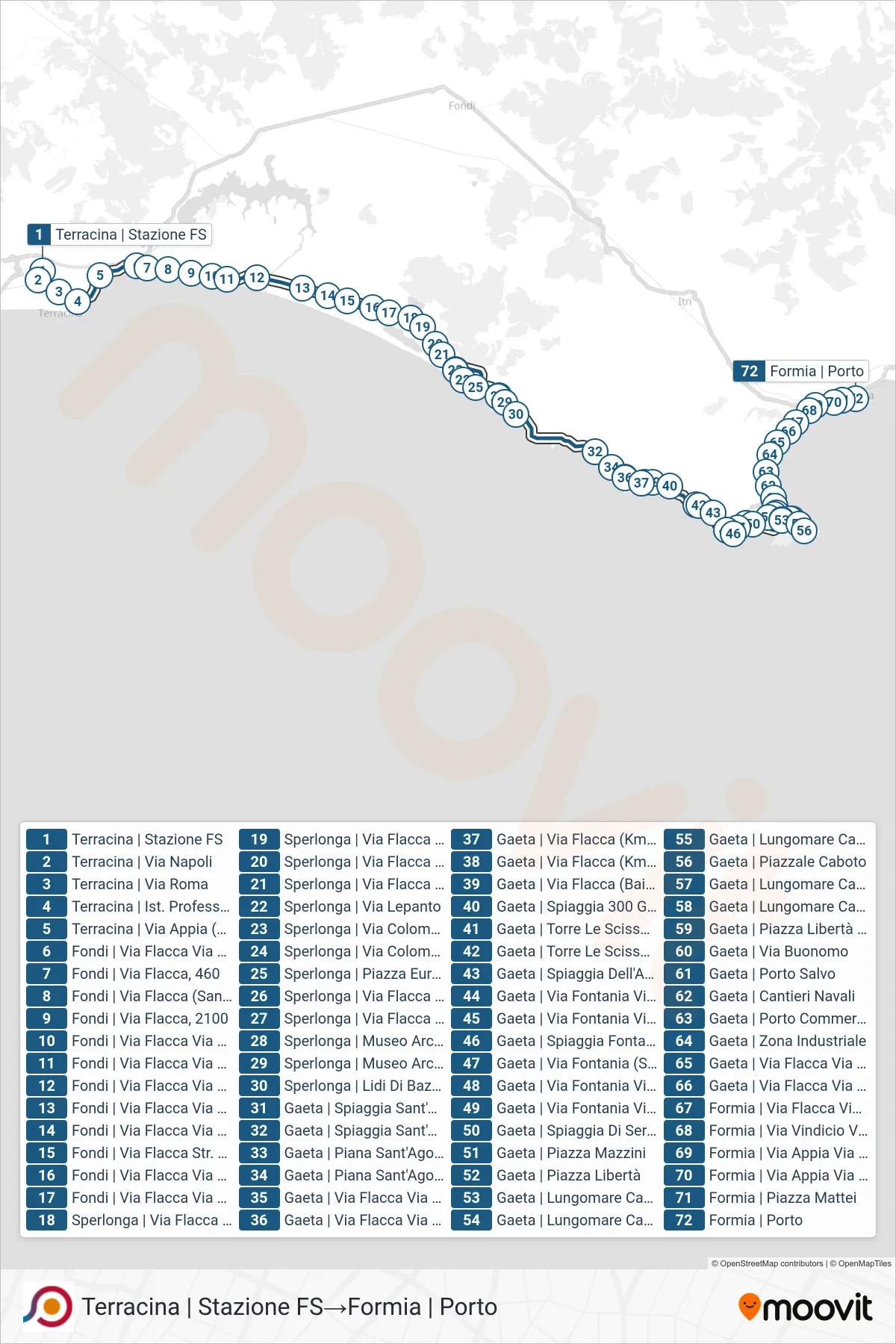 Linea COTRAL bus (Terracina | Stazione FS→Formia | Porto) - Percorsi e fermate sulla mappa