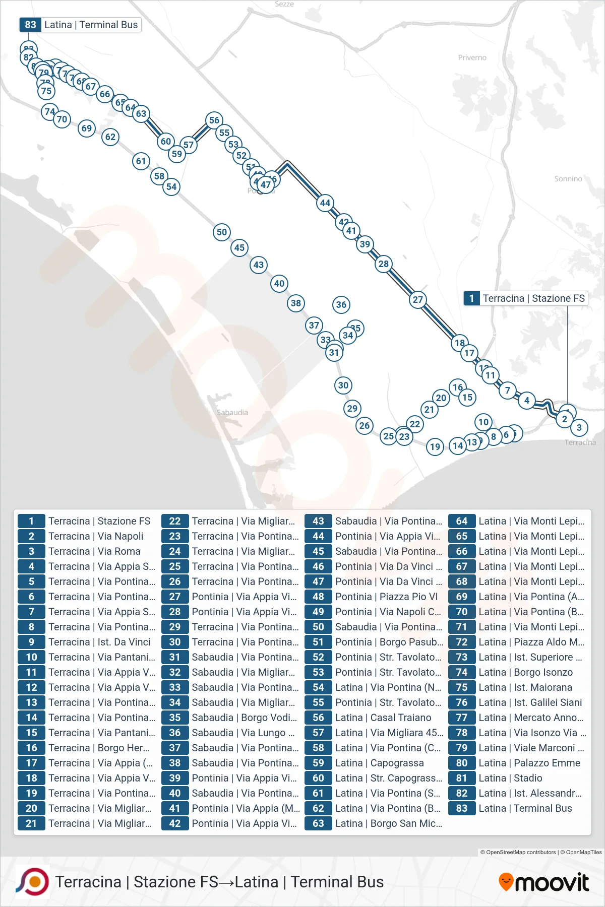 Linea COTRAL bus (Terracina | Stazione FS→Latina | Terminal Bus) - Percorsi e fermate sulla mappa