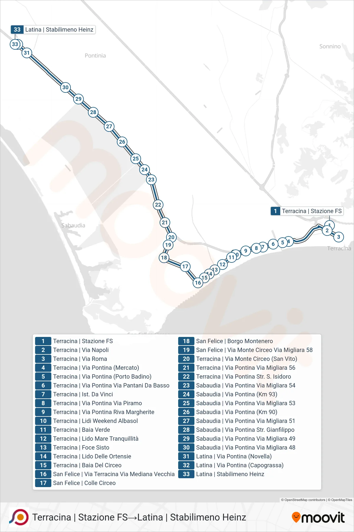 Linea COTRAL bus (Terracina | Stazione FS→Latina | Stabilimeno Heinz) - Percorsi e fermate sulla mappa
