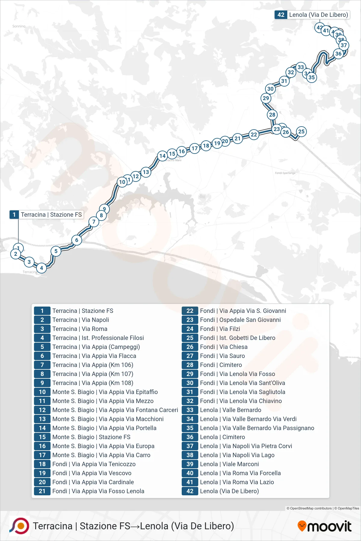 Linea COTRAL bus (Terracina | Stazione FS→Lenola (Via De Libero)) - Percorsi e fermate sulla mappa