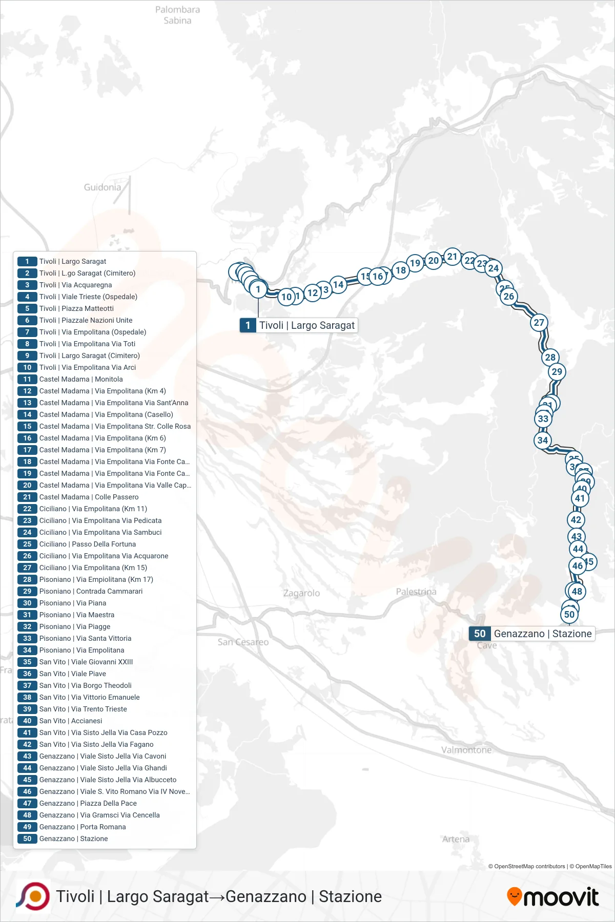 Linea COTRAL bus (Tivoli | Largo Saragat→Genazzano | Stazione) - Percorsi e fermate sulla mappa