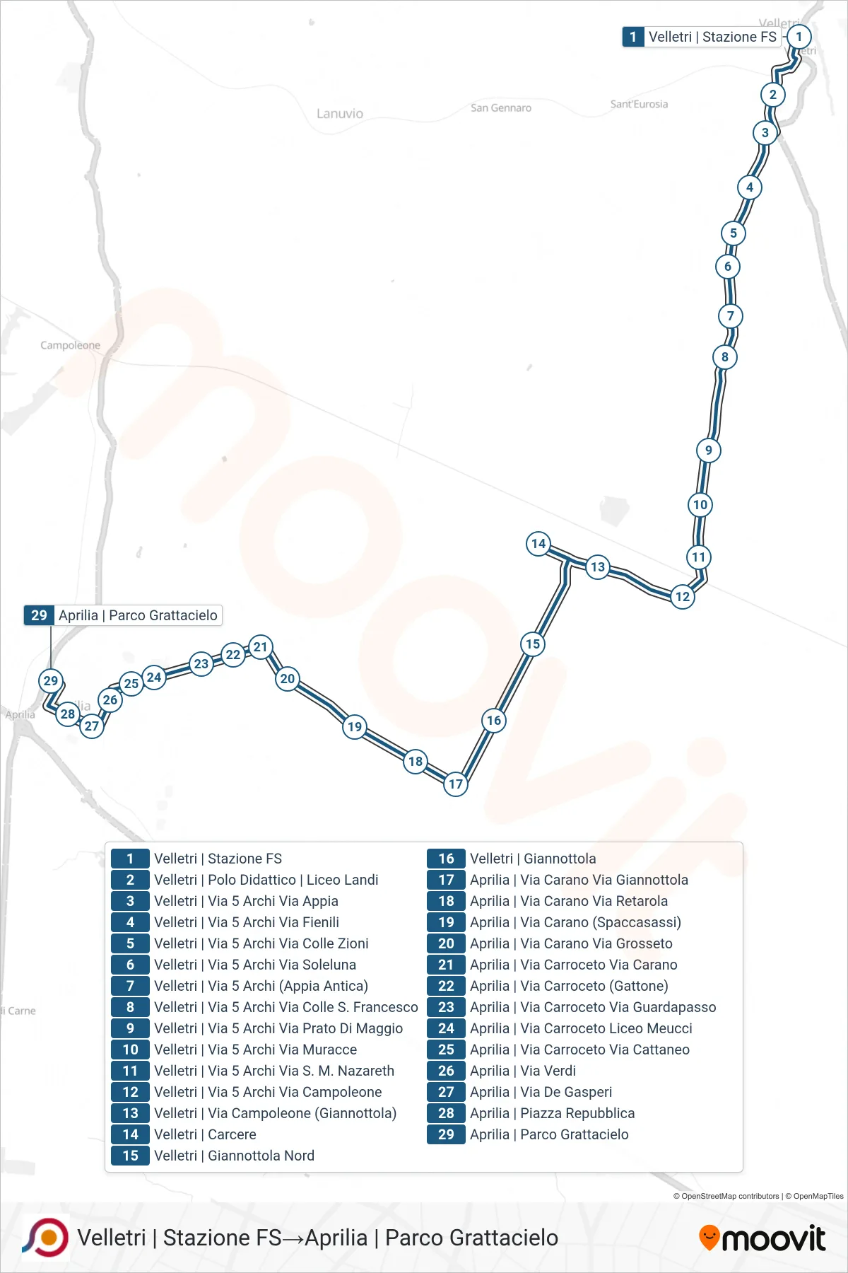 Linea COTRAL bus (Velletri | Stazione FS→Aprilia | Parco Grattacielo) - Percorsi e fermate sulla mappa