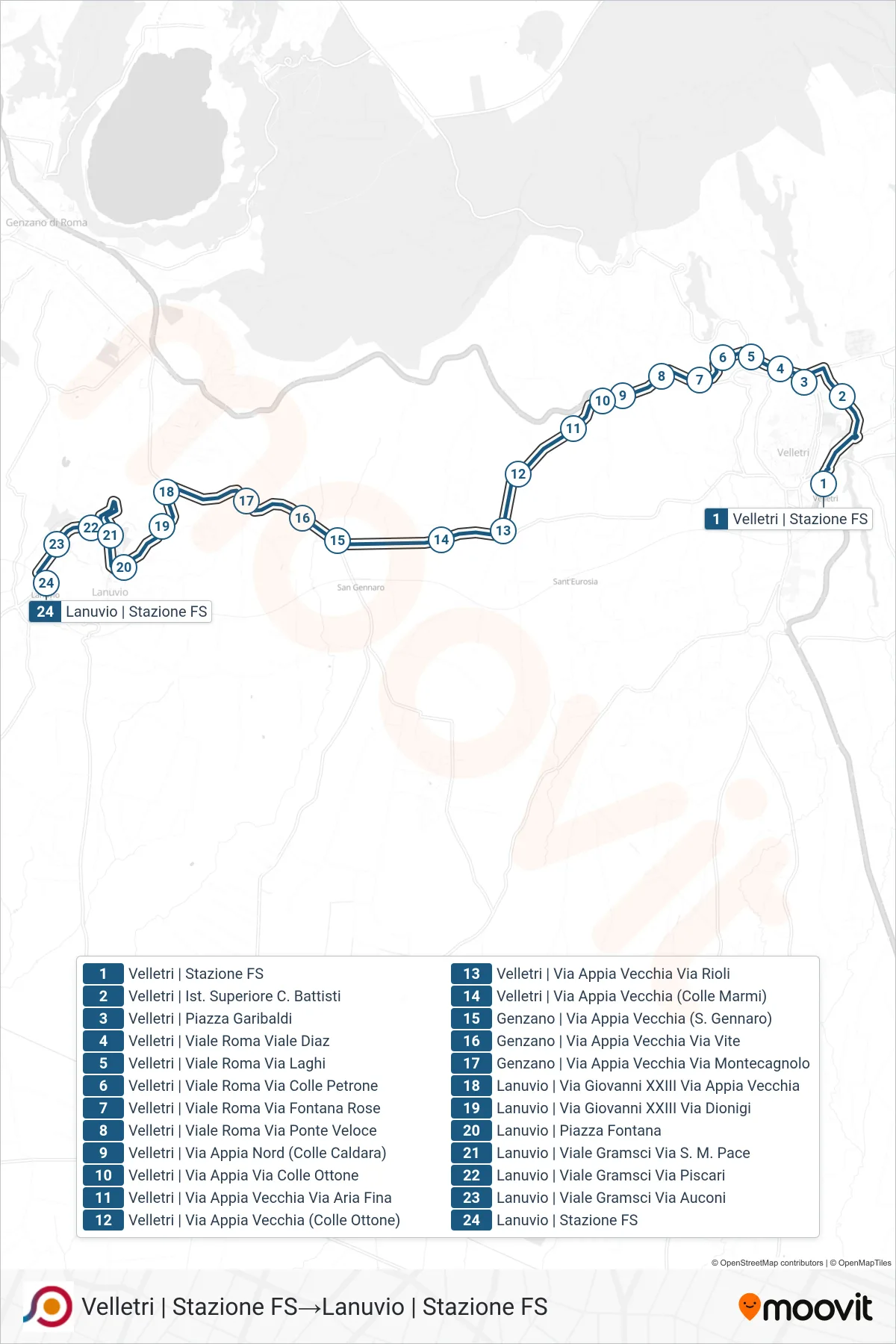 Linea COTRAL bus (Velletri | Stazione FS→Lanuvio | Stazione FS) - Percorsi e fermate sulla mappa
