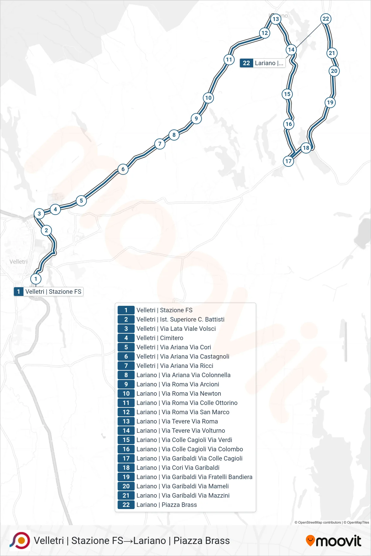 Linea COTRAL bus (Velletri | Stazione FS→Lariano | Piazza Brass) - Percorsi e fermate sulla mappa