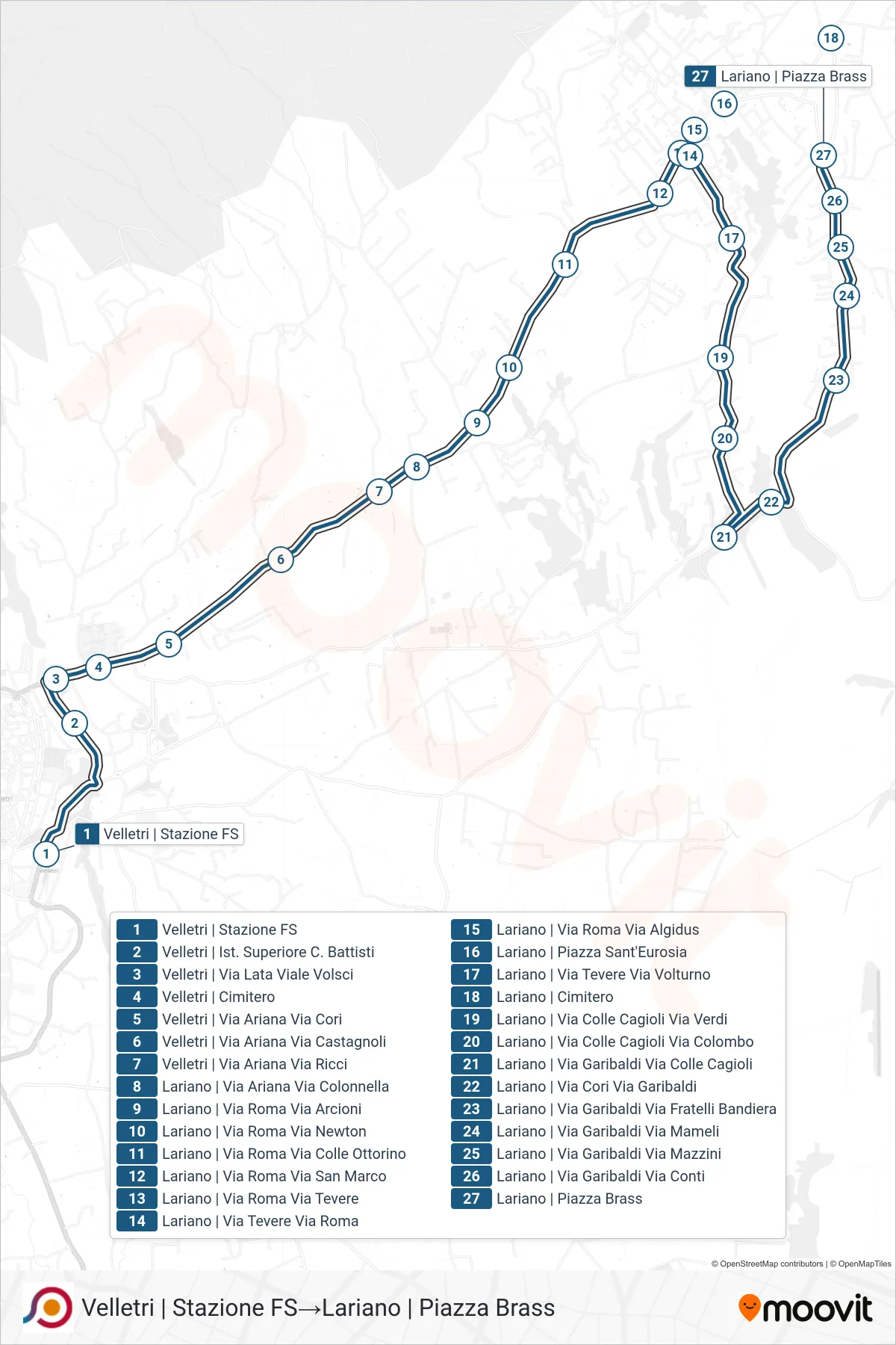 Linea COTRAL bus (Velletri | Stazione FS→Lariano | Piazza Brass) - Percorsi e fermate sulla mappa