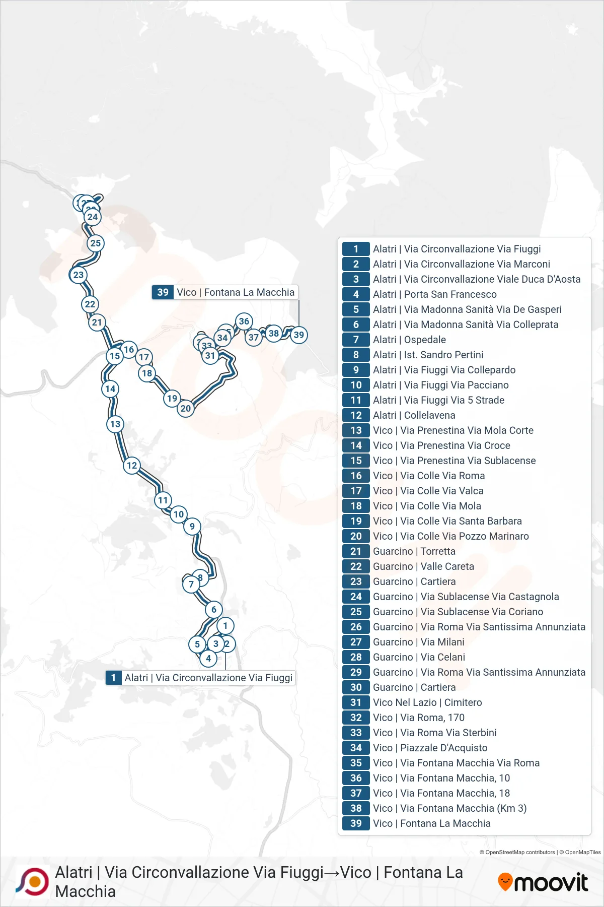 Linea COTRAL bus (Alatri | Via Circonvallazione Via Fiuggi→Vico | Fontana La Macchia) - Percorsi e fermate sulla mappa