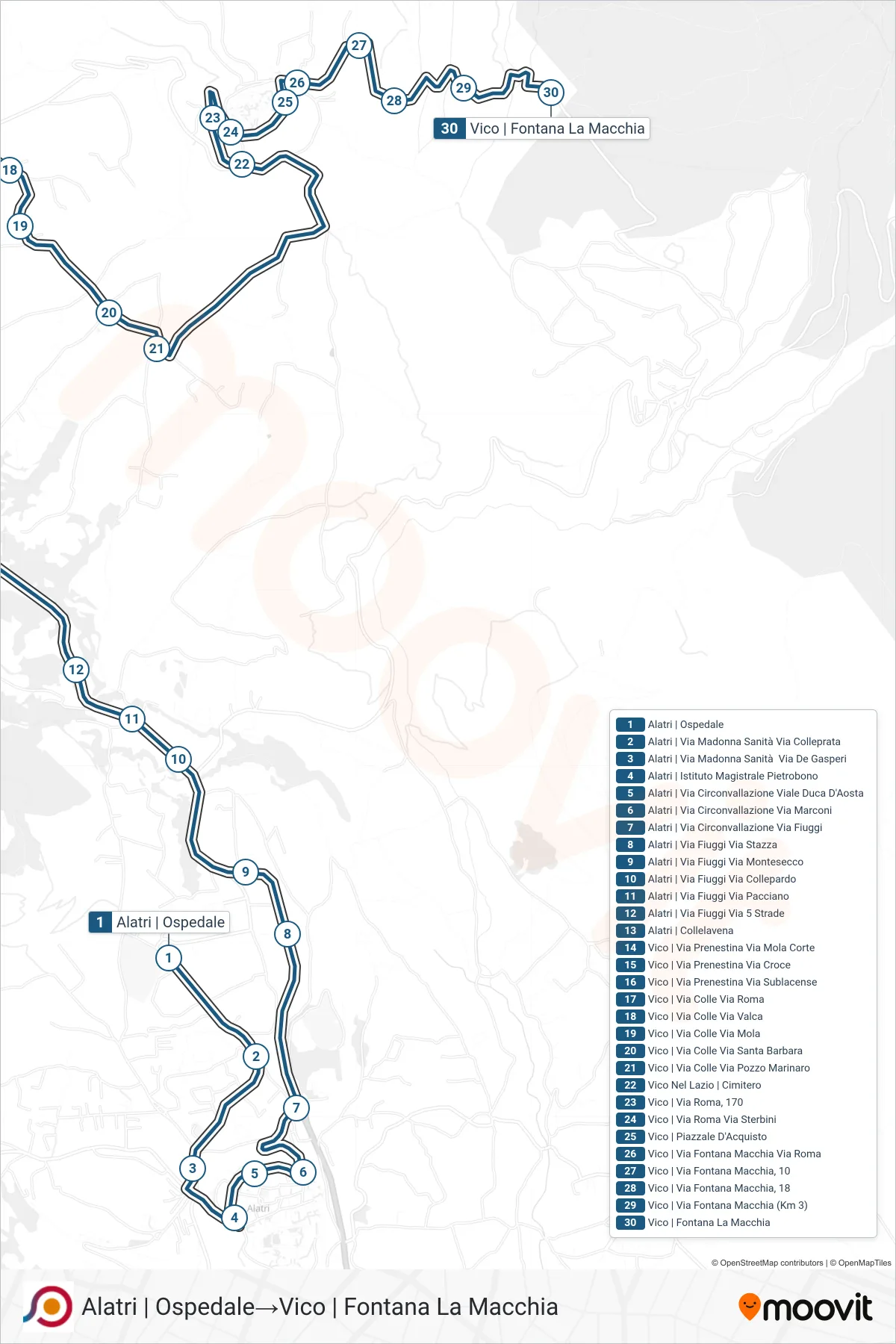 Linea COTRAL  bus (Alatri | Ospedale‎→Vico | Fontana La Macchia) - Percorsi e fermate sulla mappa