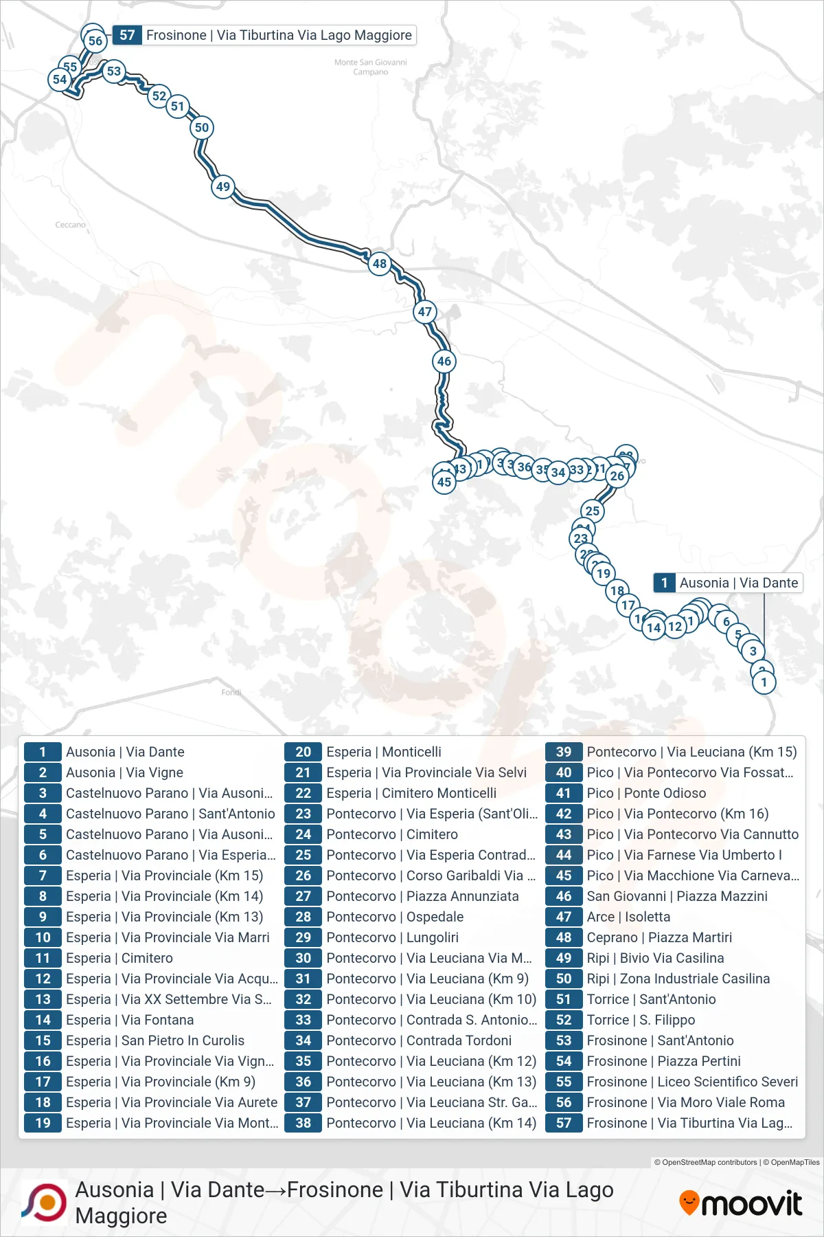 Linea COTRAL bus (Ausonia | Via Dante→Frosinone | Via Tiburtina Via Lago Maggiore) - Percorsi e fermate sulla mappa