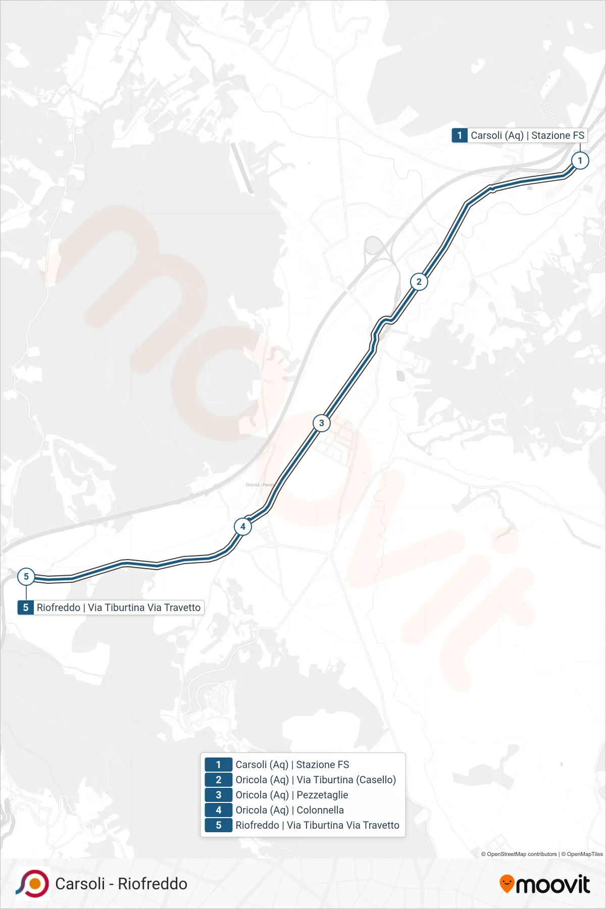 Linea COTRAL bus (Carsoli (Aq) | Stazione FS→Riofreddo | Via Tiburtina Via Travetto) - Percorsi e fermate sulla mappa