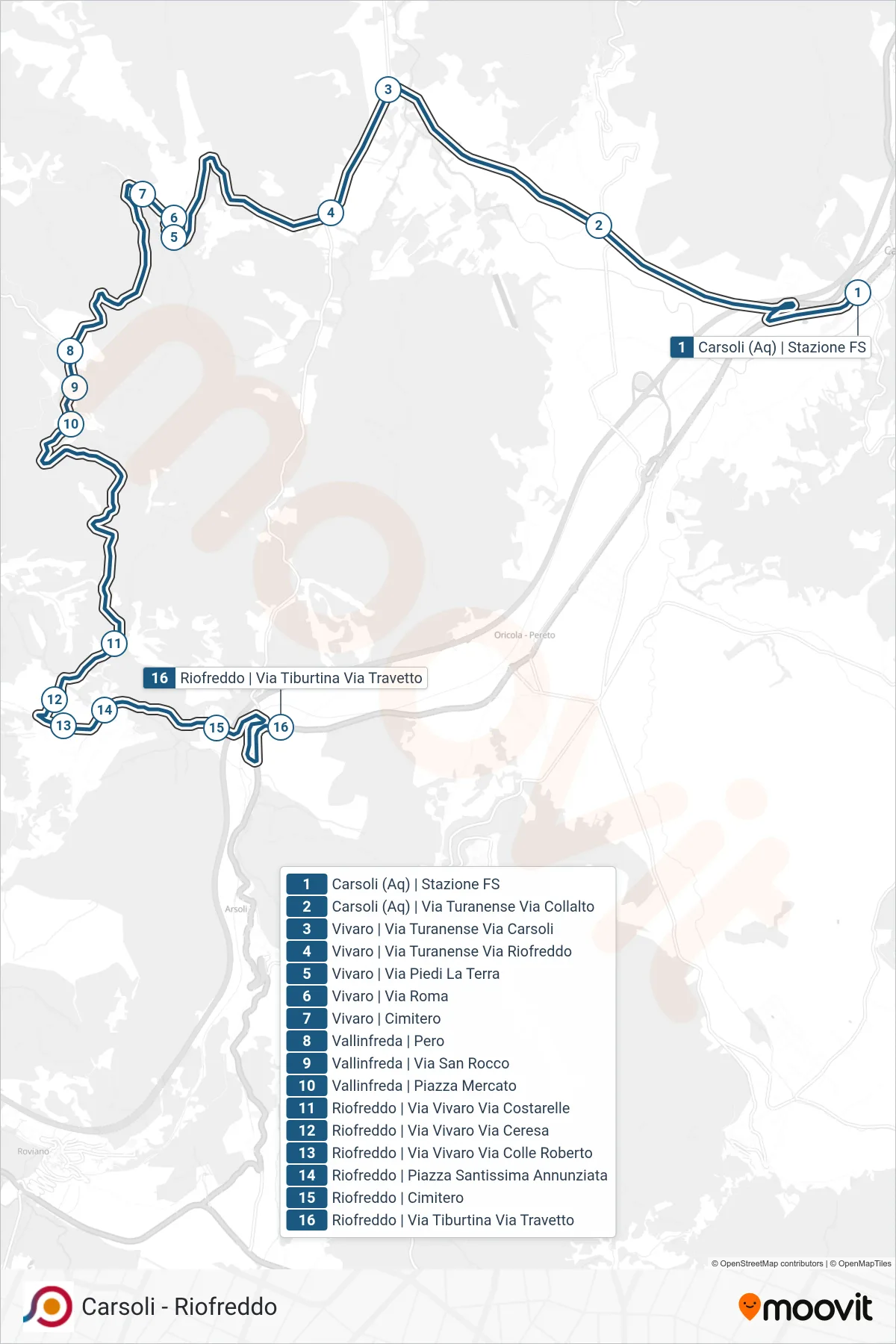 Linea COTRAL bus (Carsoli (Aq) | Stazione FS→Riofreddo | Via Tiburtina Via Travetto) - Percorsi e fermate sulla mappa