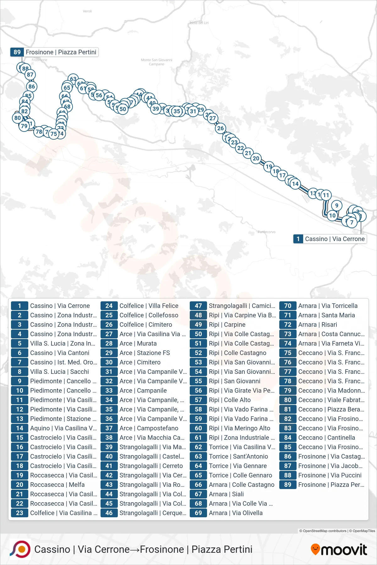 Linea COTRAL  bus (Cassino | Via Cerrone‎→Frosinone | Piazza Pertini) - Percorsi e fermate sulla mappa