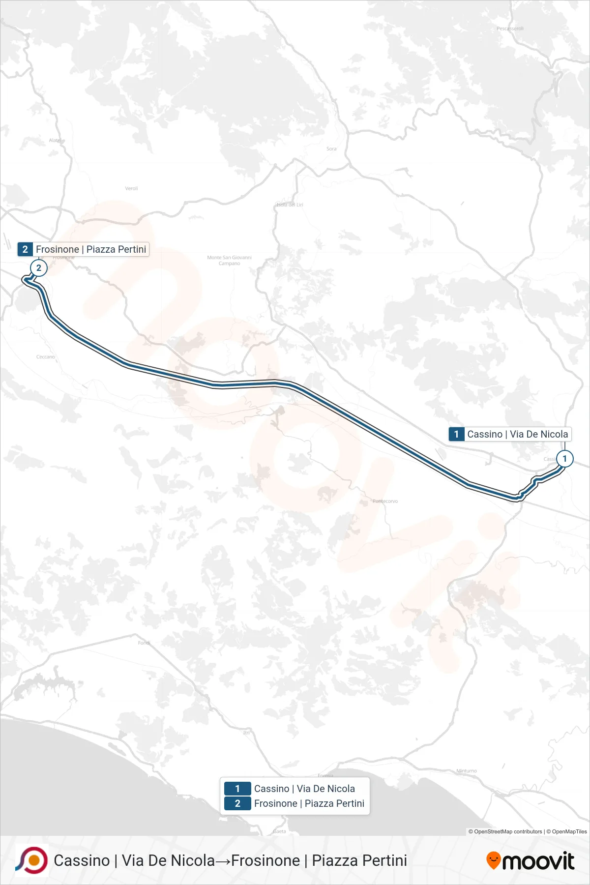 COTRAL bus Line (Cassino | Via De Nicola→Frosinone | Pertini Square) route and stops on a map