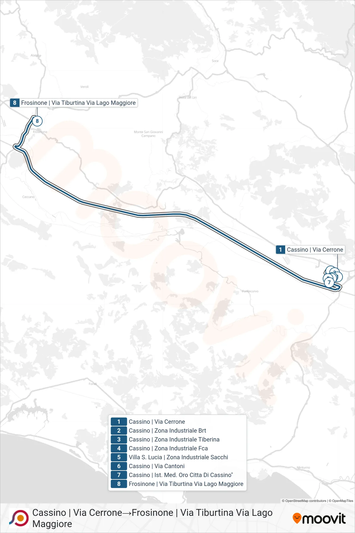 Linea COTRAL bus (Cassino | Via Cerrone→Frosinone | Via Tiburtina Via Lago Maggiore) - Percorsi e fermate sulla mappa