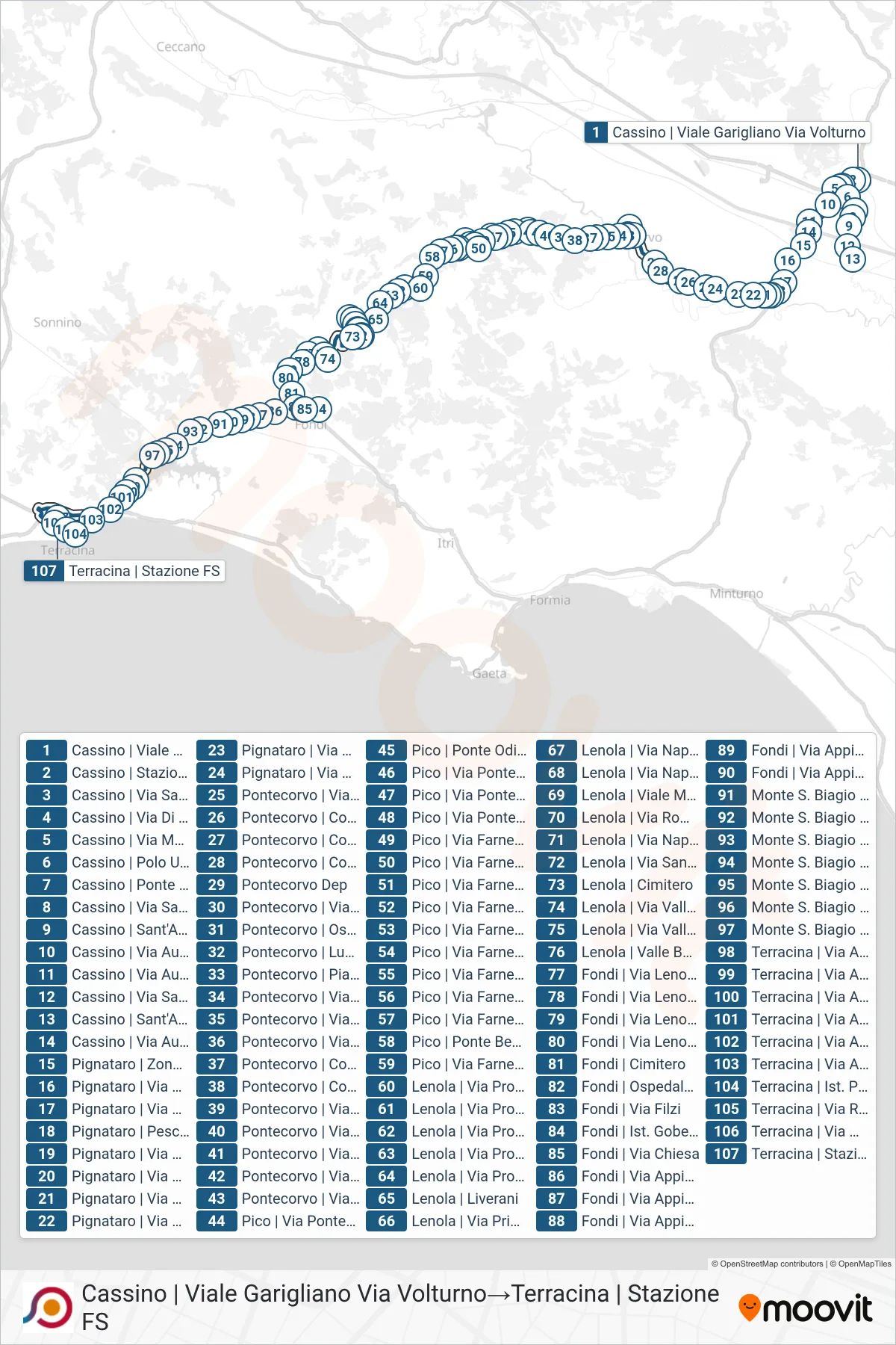 Linea COTRAL bus (Cassino | Viale Garigliano Via Volturno→Terracina | Stazione FS) - Percorsi e fermate sulla mappa