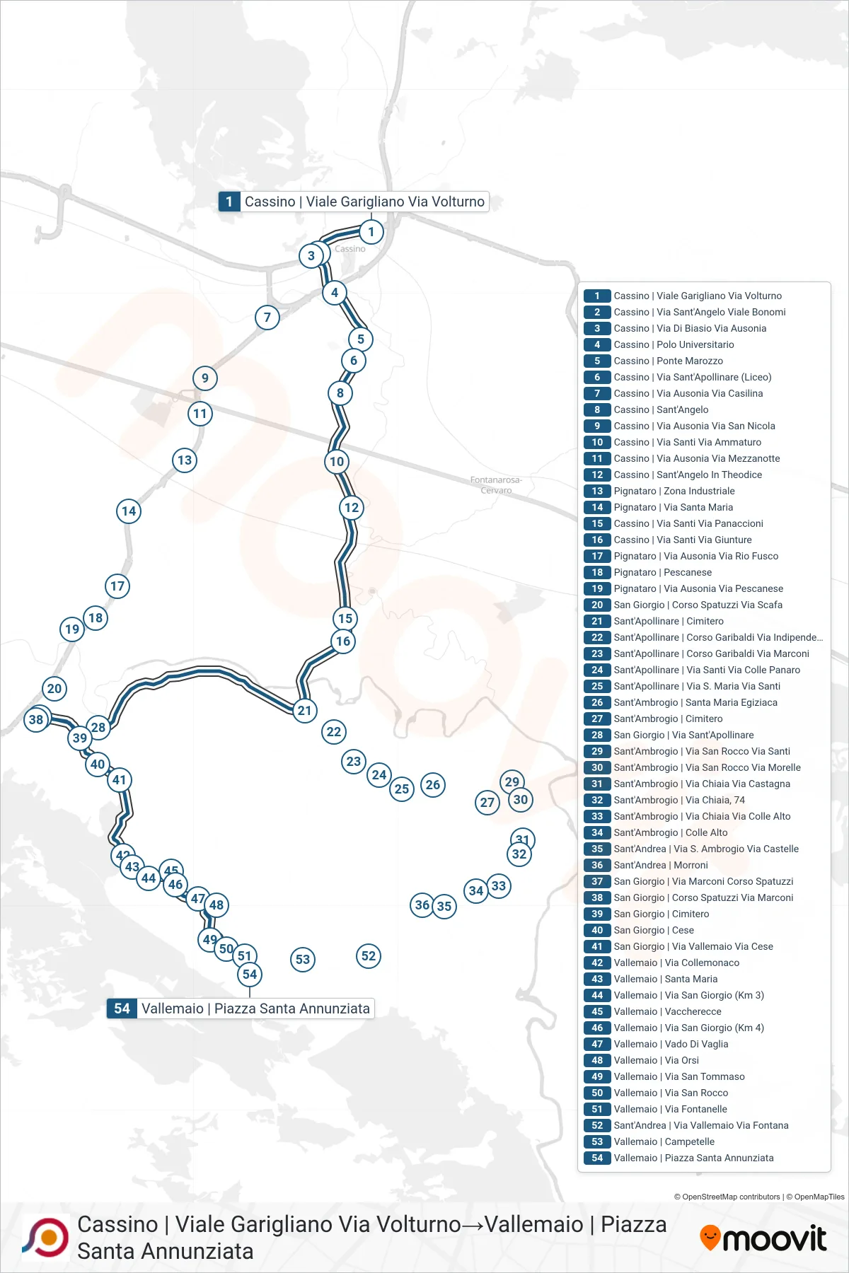 Linea COTRAL  bus (Cassino | Viale Garigliano Via Volturno‎→Vallemaio | Piazza Santa Annunziata) - Percorsi e fermate sulla mappa