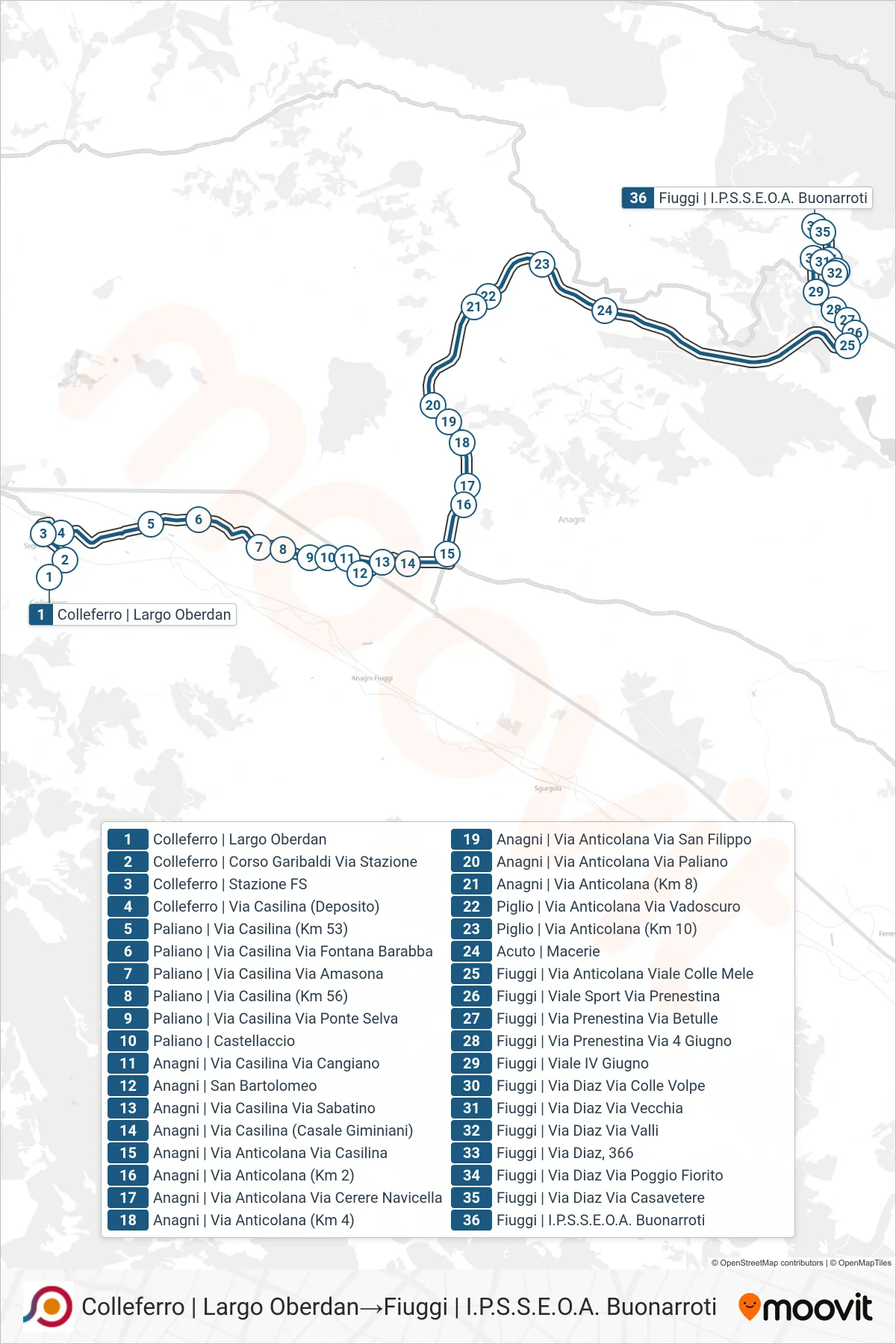Linea COTRAL bus (Colleferro | Largo Oberdan→Fiuggi | I.P.S.S.E.O.A. Buonarroti) - Percorsi e fermate sulla mappa