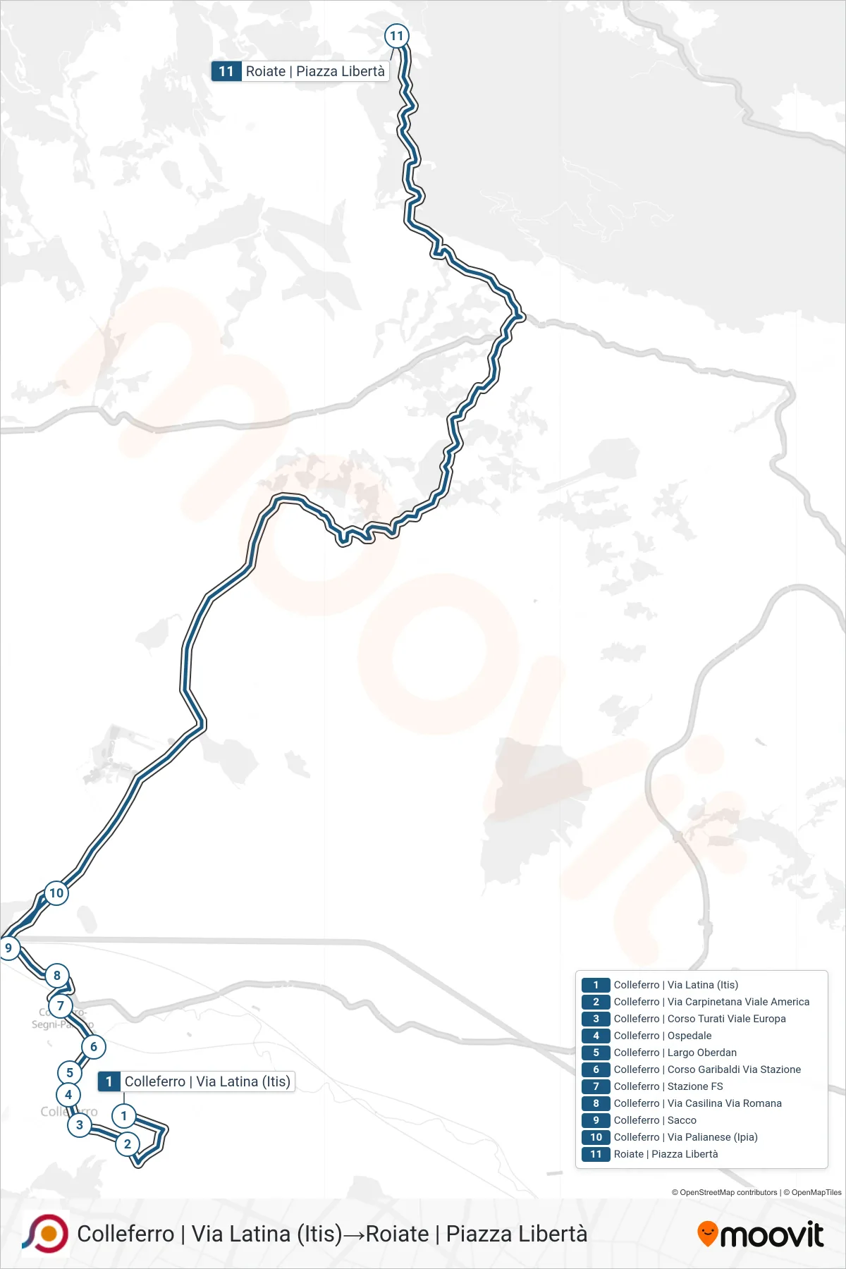 Linea COTRAL  bus (Colleferro | Via Latina (Itis)‎→Roiate | Piazza Libertà) - Percorsi e fermate sulla mappa