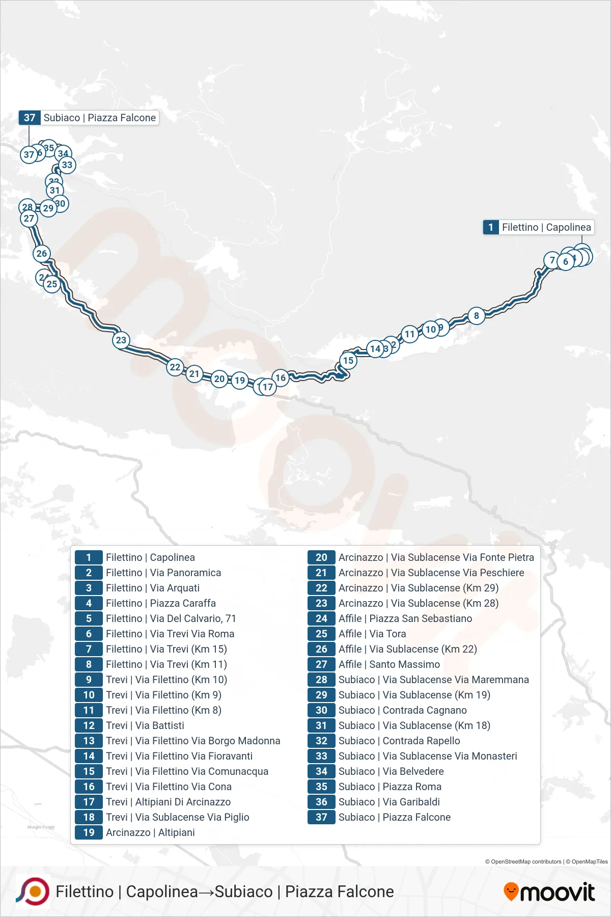 Linea COTRAL bus (Filettino | Capolinea→Subiaco | Piazza Falcone) - Percorsi e fermate sulla mappa