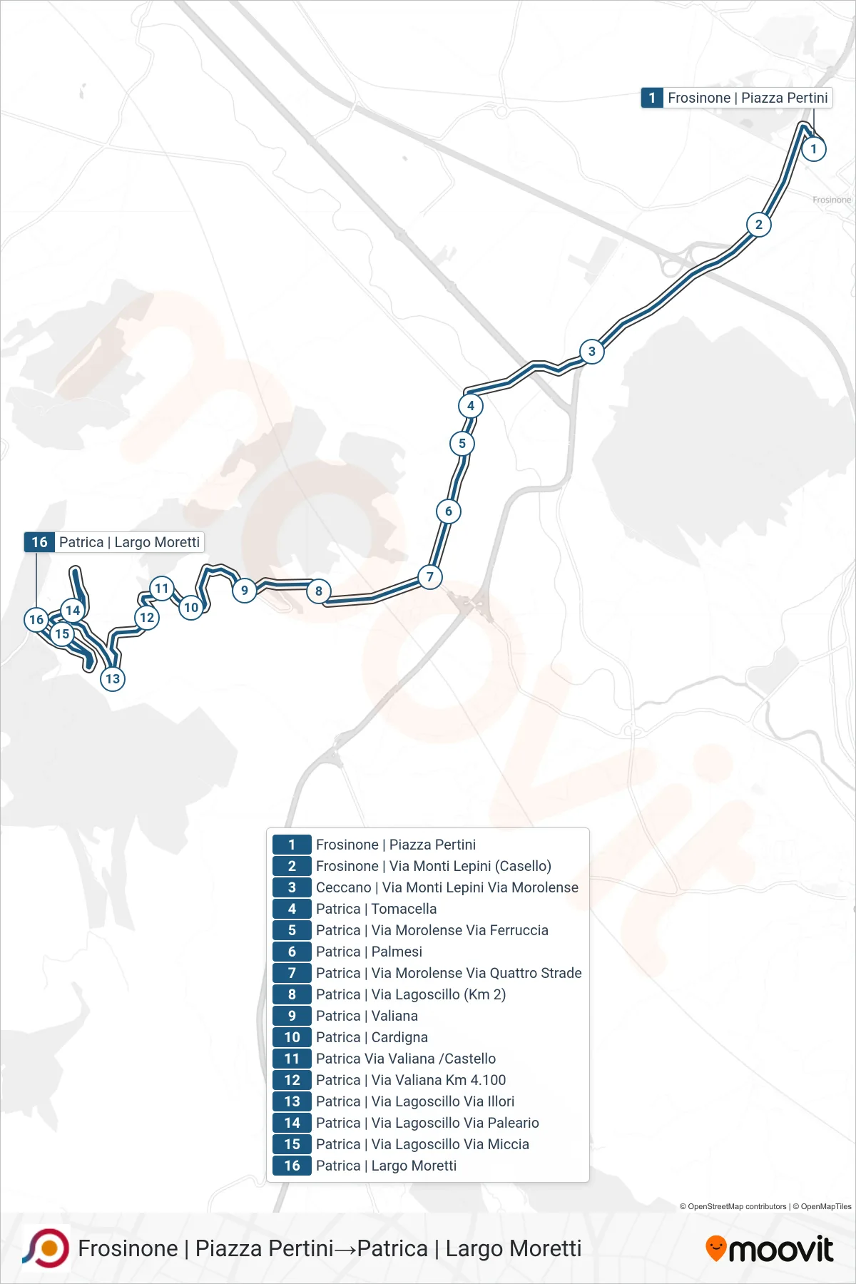 Linea COTRAL bus (Frosinone | Piazza Pertini→Patrica | Largo Moretti) - Percorsi e fermate sulla mappa