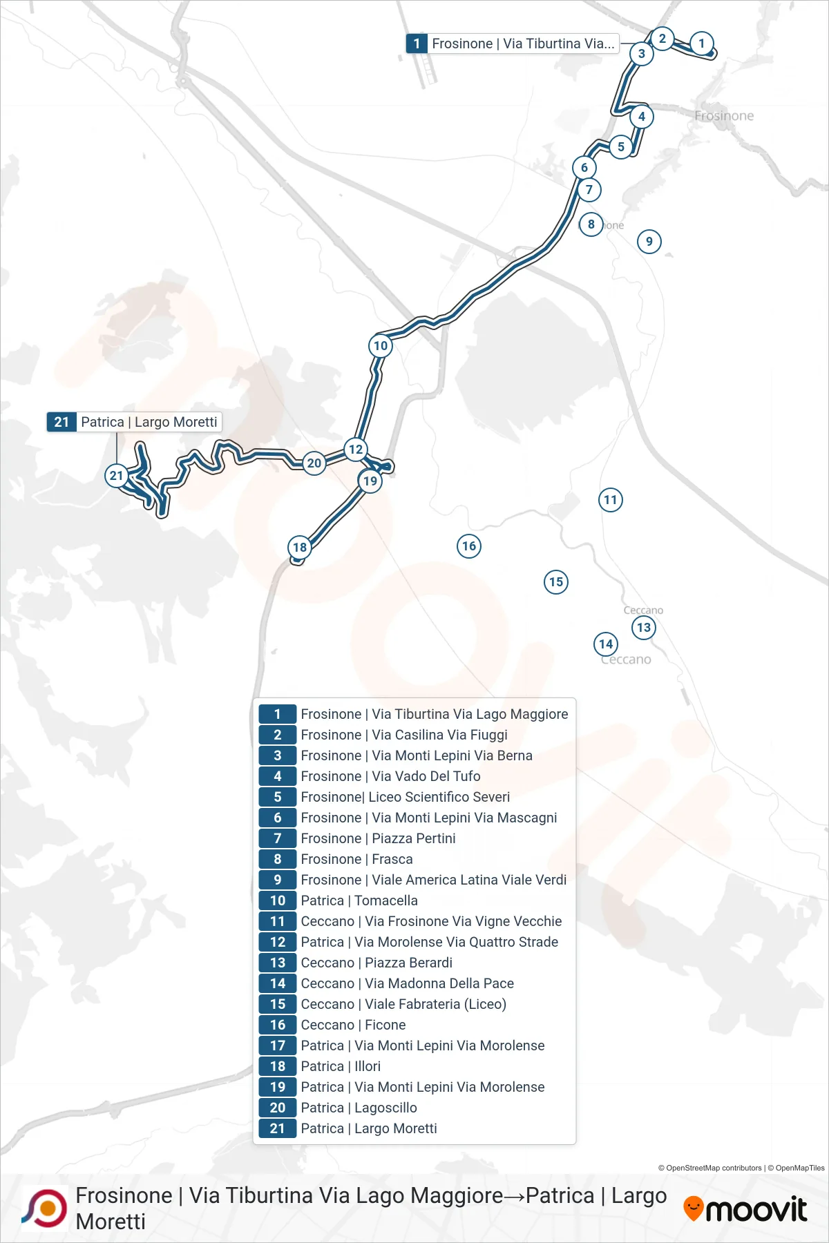 Linea COTRAL bus (Frosinone | Via Tiburtina Via Lago Maggiore→Patrica | Largo Moretti) - Percorsi e fermate sulla mappa