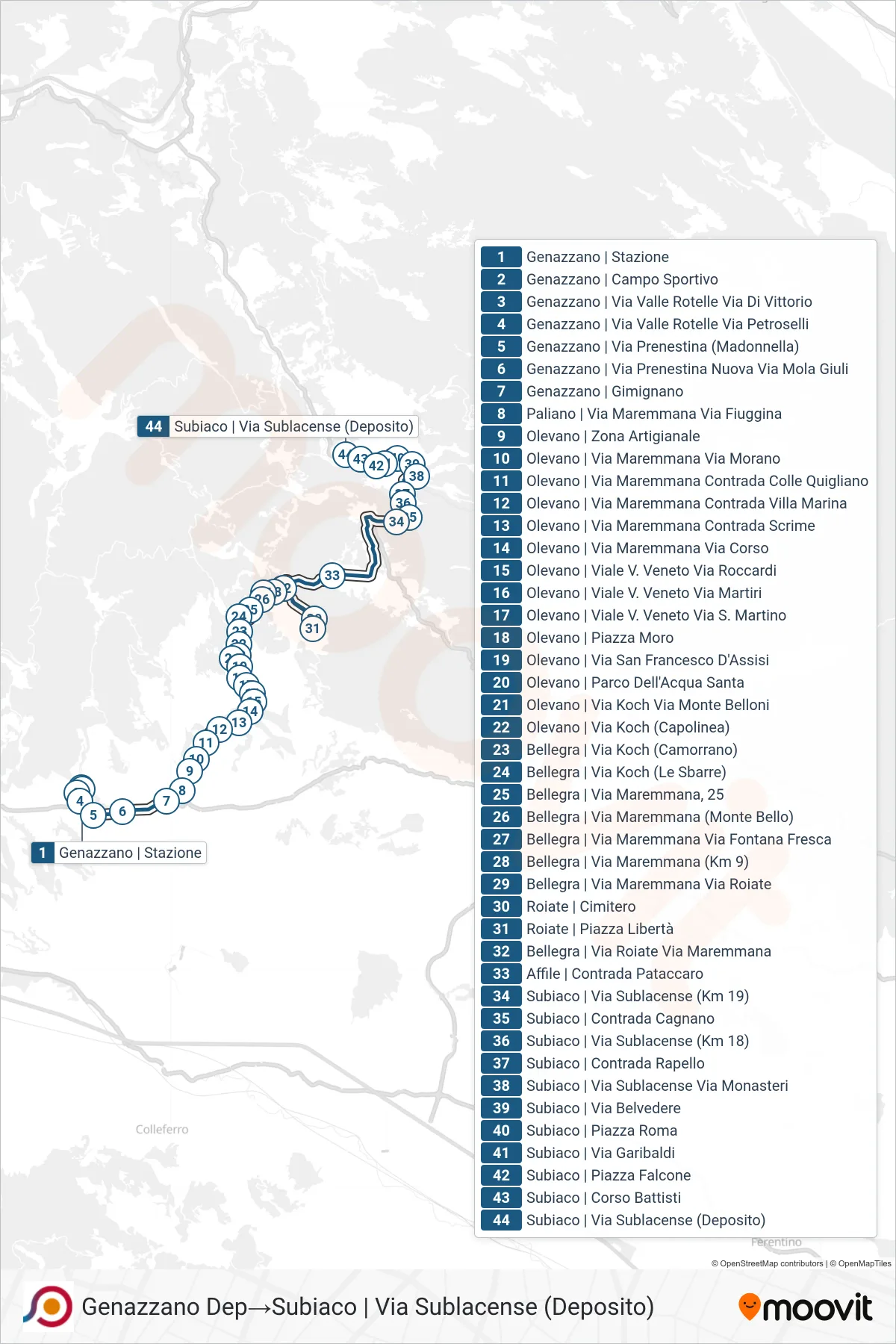 Linea COTRAL bus (Genazzano Dep→Subiaco | Via Sublacense (Deposito)) - Percorsi e fermate sulla mappa