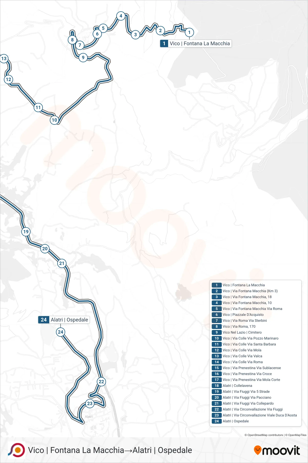 Linea COTRAL bus (Vico | Fontana La Macchia→Alatri | Ospedale) - Percorsi e fermate sulla mappa