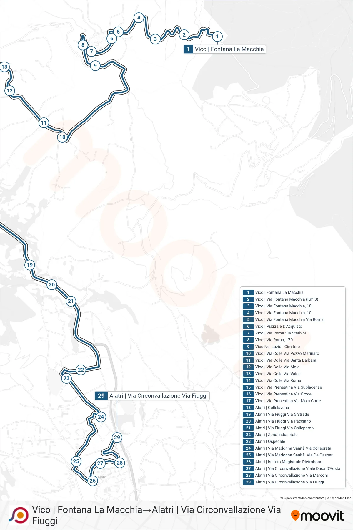 Linea COTRAL bus (Vico | Fontana La Macchia→Alatri | Via Circonvallazione Via Fiuggi) - Percorsi e fermate sulla mappa