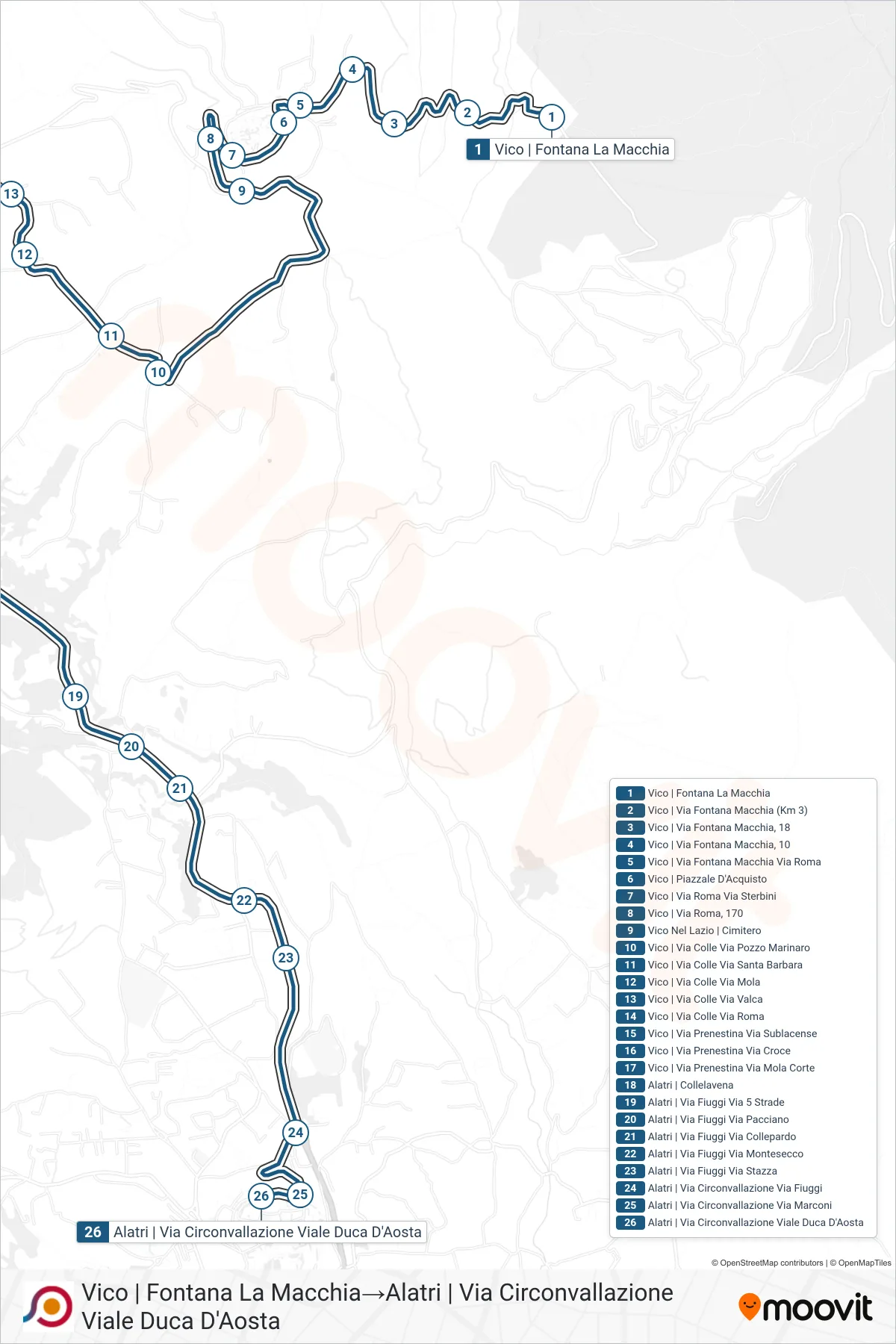 Linea COTRAL bus (Vico | Fontana La Macchia→Alatri | Via Circonvallazione Viale Duca D'Aosta) - Percorsi e fermate sulla mappa