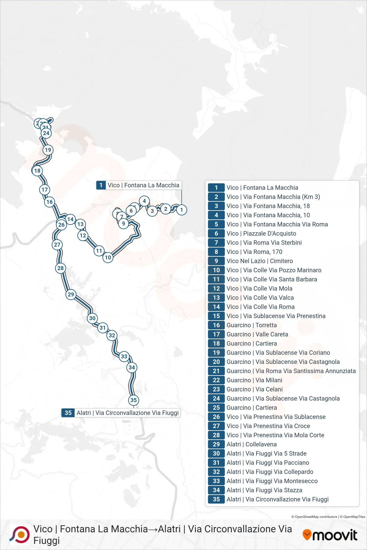 Linea COTRAL bus (Vico | Fontana La Macchia→Alatri | Via Circonvallazione Via Fiuggi) - Percorsi e fermate sulla mappa