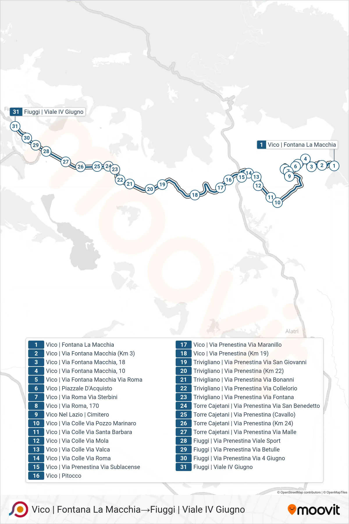 Linea COTRAL  bus (Vico | Fontana La Macchia‎→Fiuggi | Viale IV Giugno) - Percorsi e fermate sulla mappa