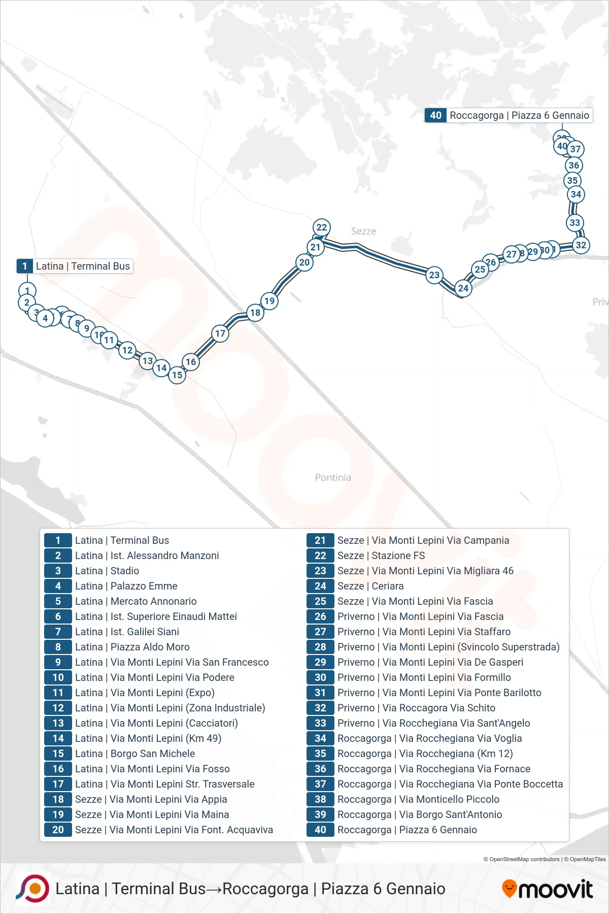 Linea COTRAL bus (Latina | Terminal Bus→Roccagorga | Piazza 6 Gennaio) - Percorsi e fermate sulla mappa
