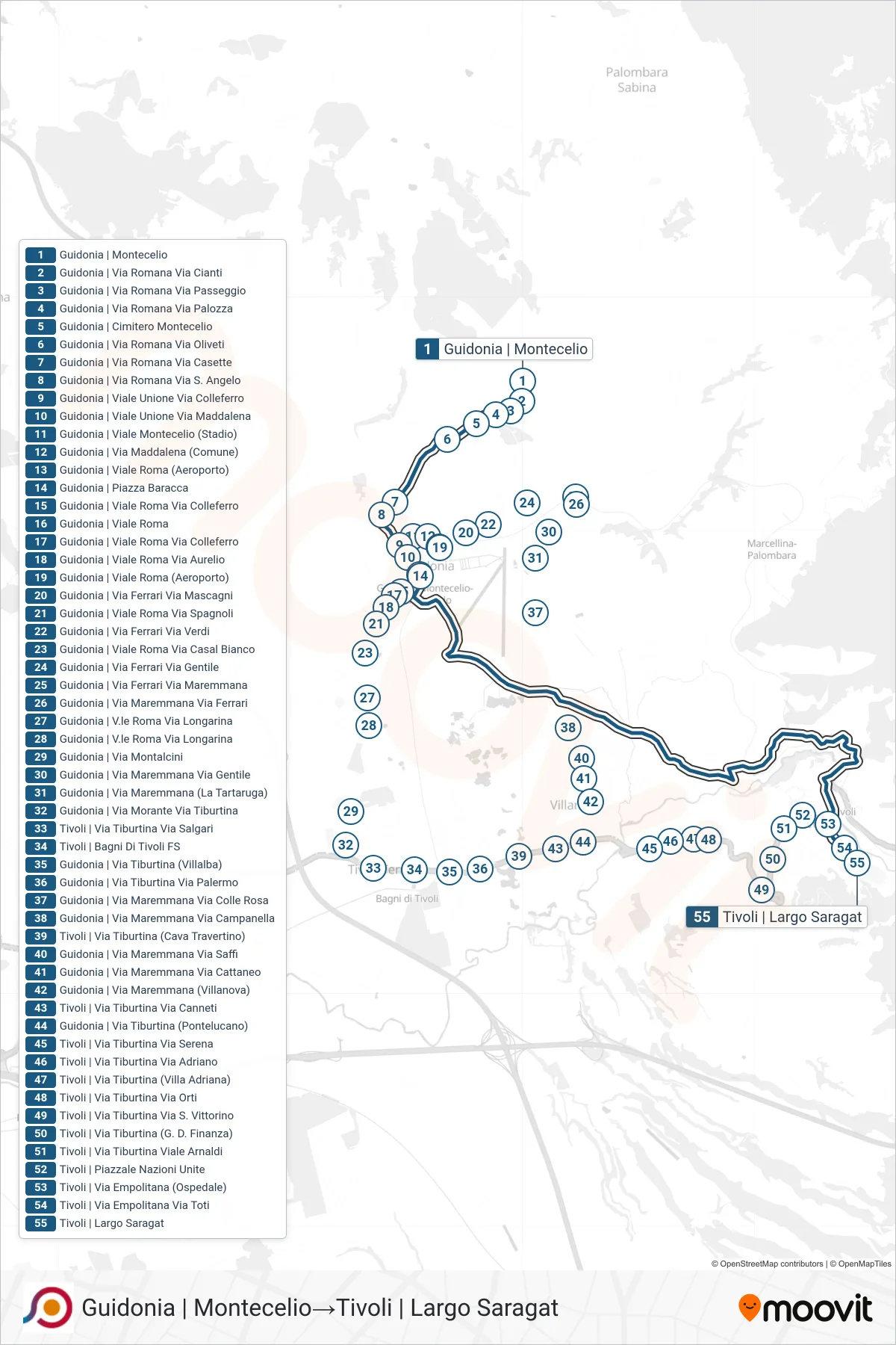 Linea COTRAL bus (Guidonia | Montecelio→Tivoli | Largo Saragat) - Percorsi e fermate sulla mappa