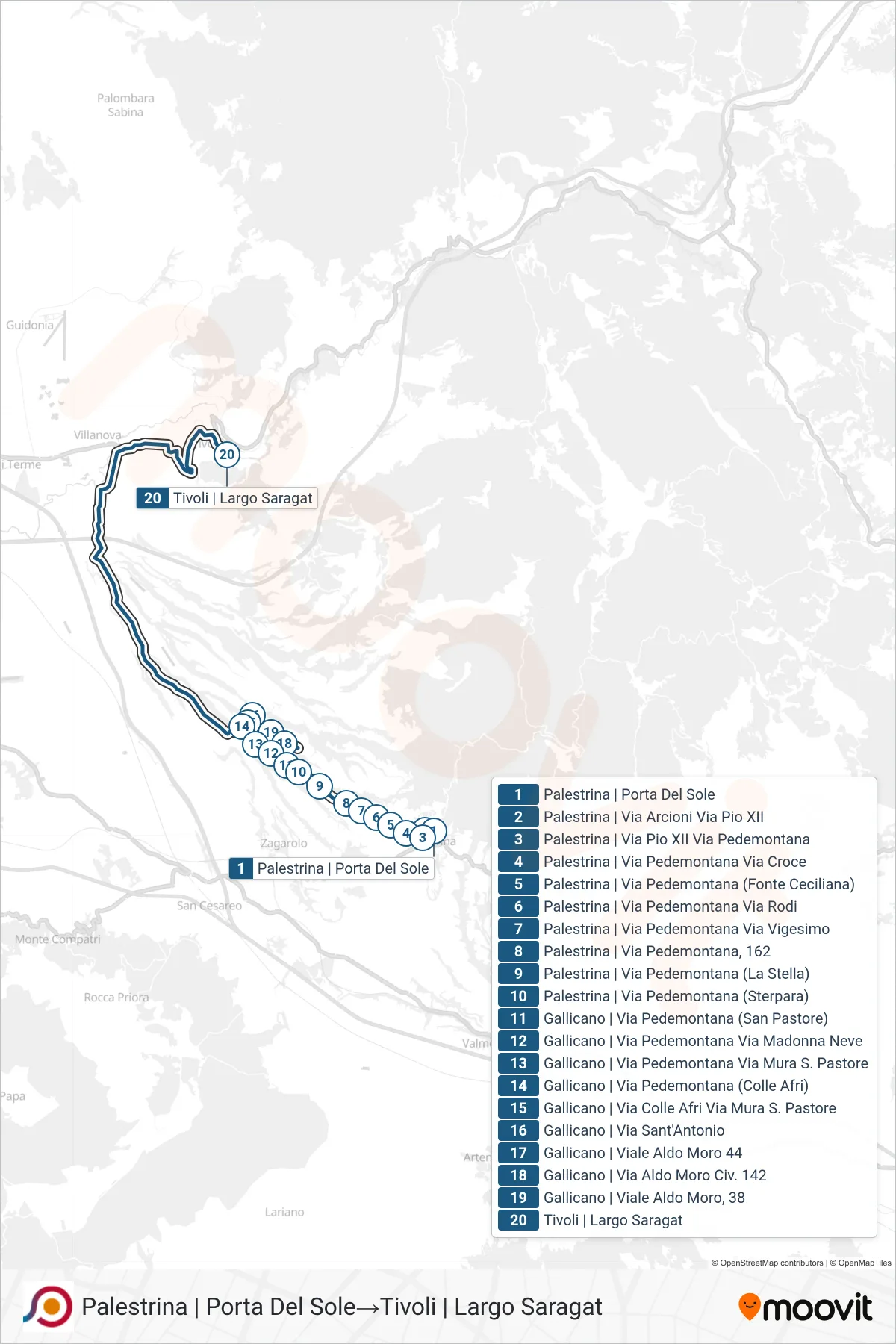 Linea COTRAL bus (Palestrina | Porta Del Sole→Tivoli | Largo Saragat) - Percorsi e fermate sulla mappa