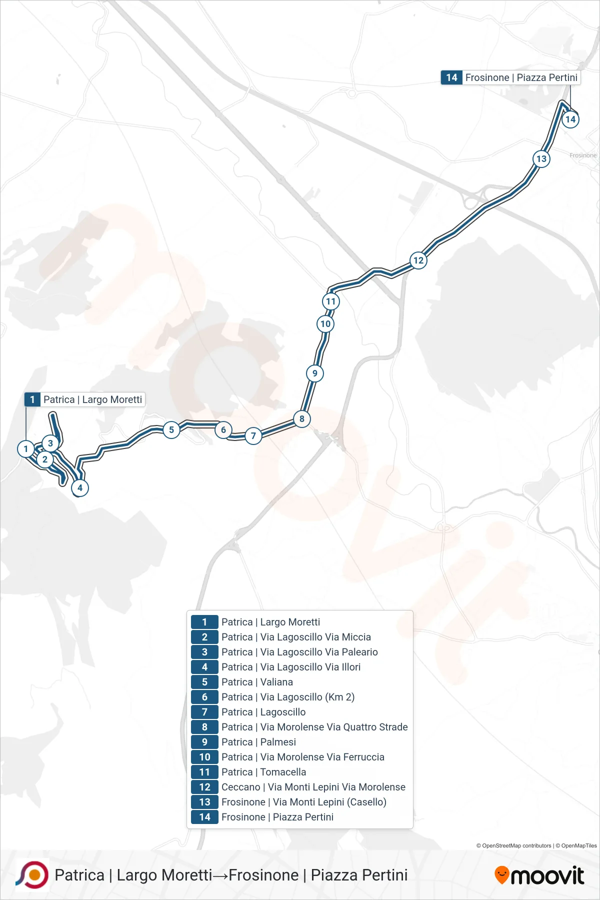 Linea COTRAL  bus (Patrica | Largo Moretti‎→Frosinone | Piazza Pertini) - Percorsi e fermate sulla mappa