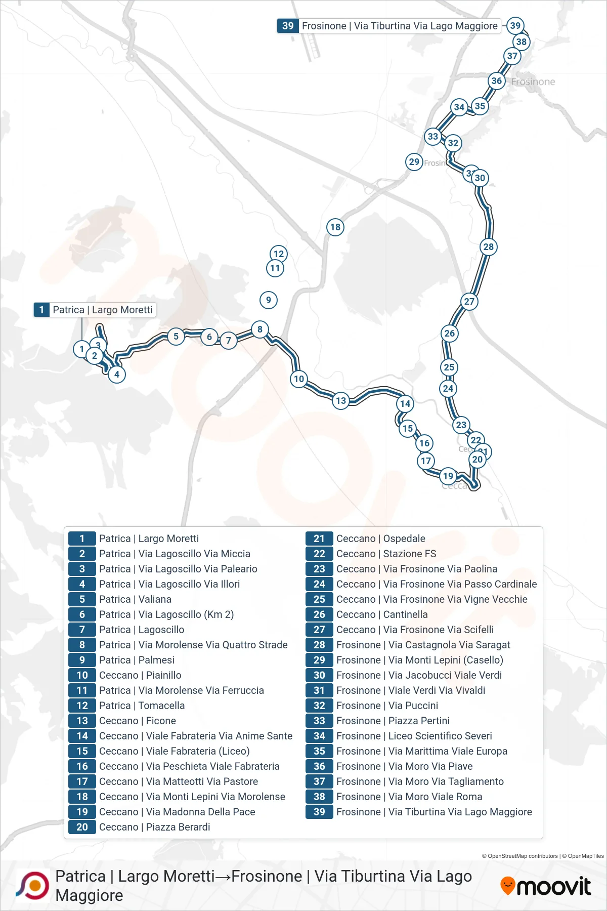 Linea COTRAL bus (Patrica | Largo Moretti→Frosinone | Via Tiburtina Via Lago Maggiore) - Percorsi e fermate sulla mappa