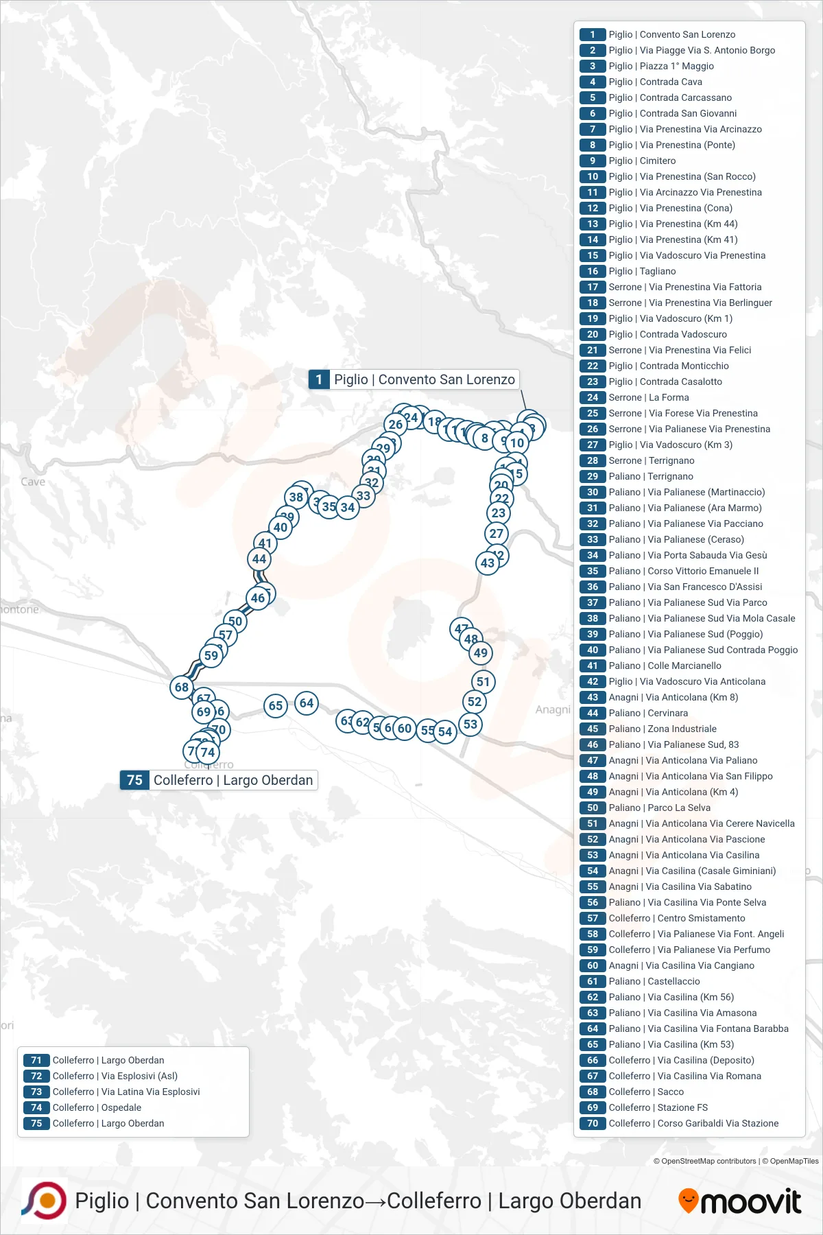 Linea COTRAL bus (Piglio | Convento San Lorenzo→Colleferro | Largo Oberdan) - Percorsi e fermate sulla mappa