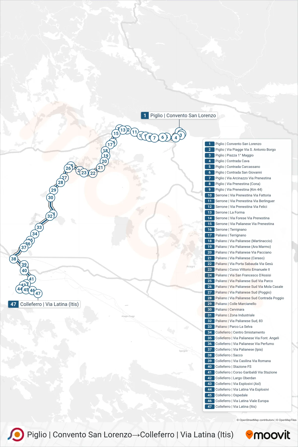 Linea COTRAL bus (Piglio | Convento San Lorenzo→Colleferro | Via Latina (Itis)) - Percorsi e fermate sulla mappa