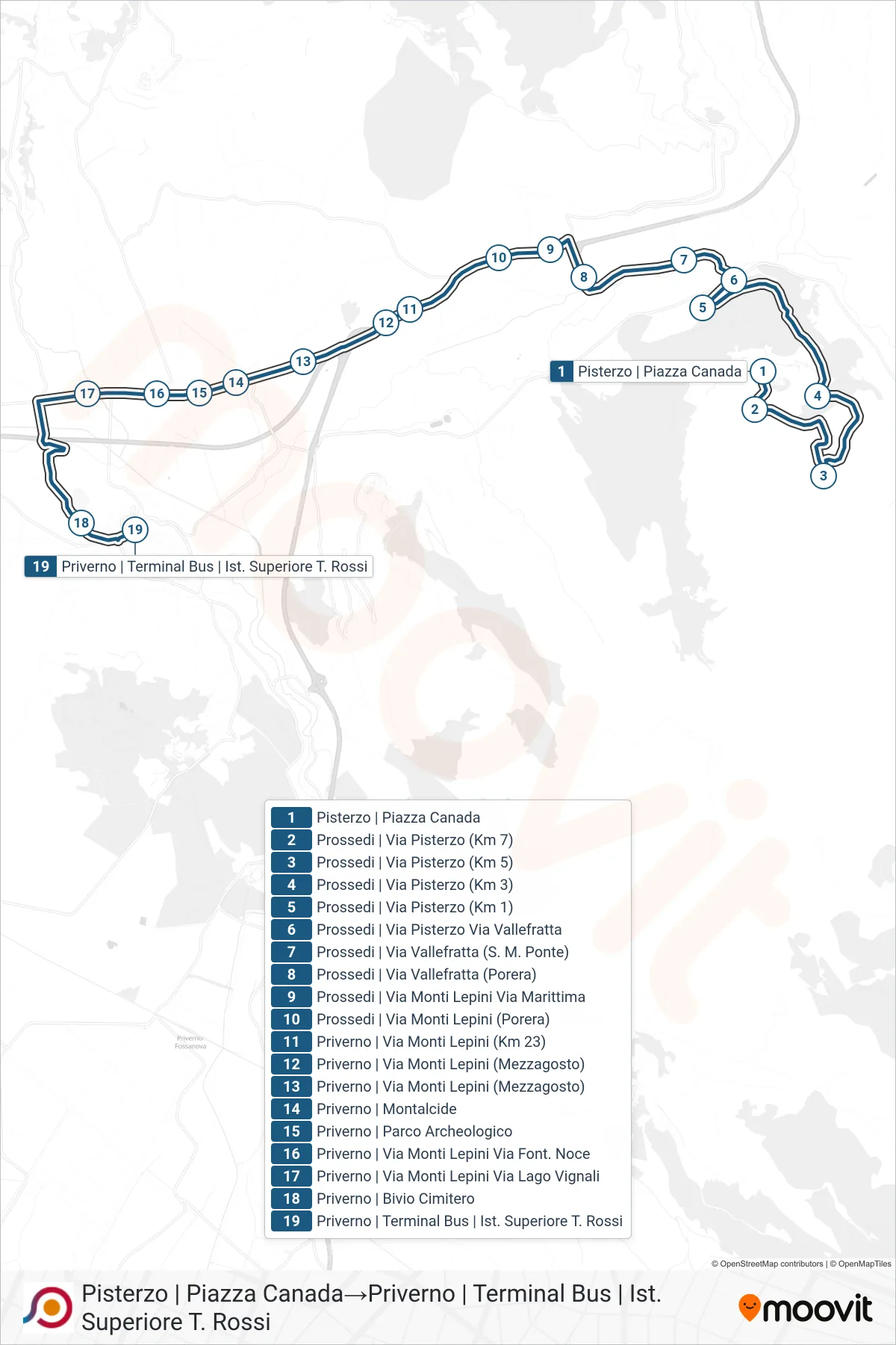 Linea COTRAL bus (Pisterzo | Piazza Canada→Priverno | Terminal Bus | Ist. Superiore T. Rossi) - Percorsi e fermate sulla mappa