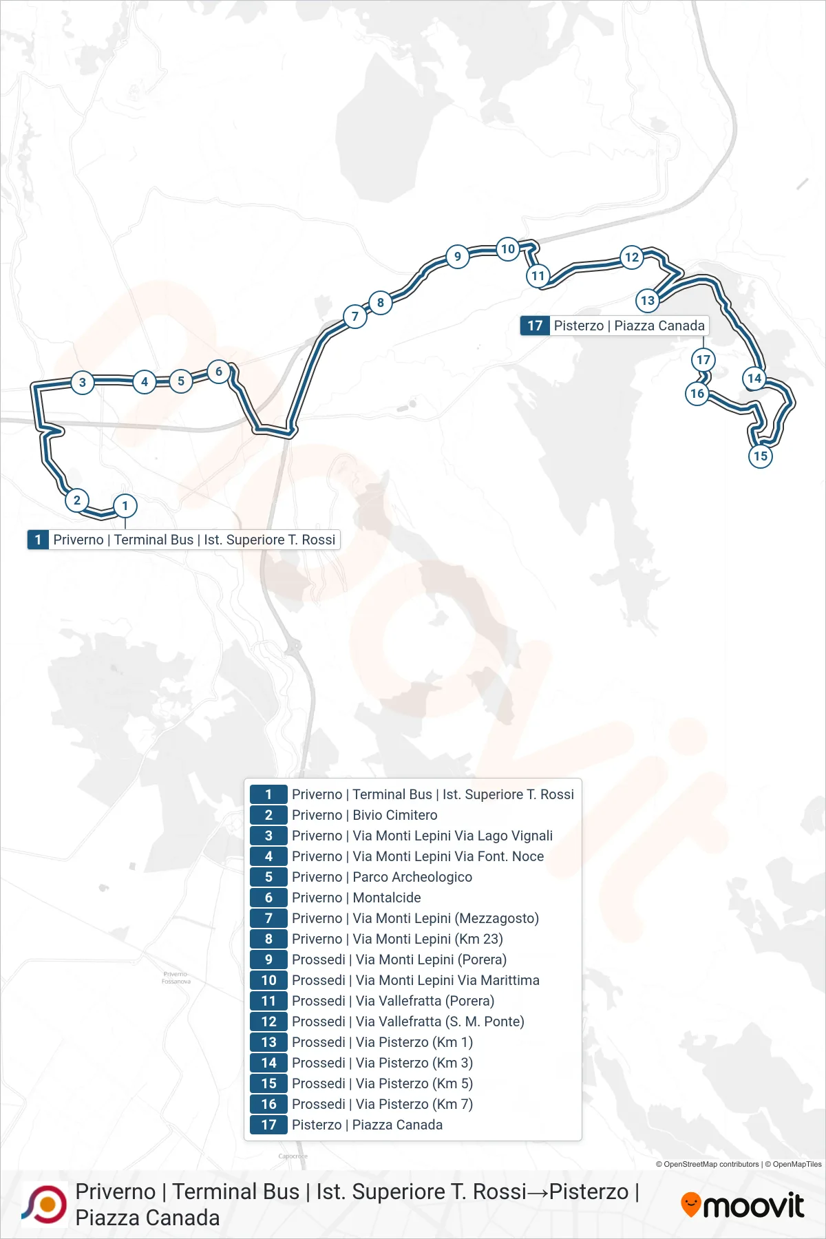 Linea COTRAL bus (Priverno | Terminal Bus | Ist. Superiore T. Rossi→Pisterzo | Piazza Canada) - Percorsi e fermate sulla mappa