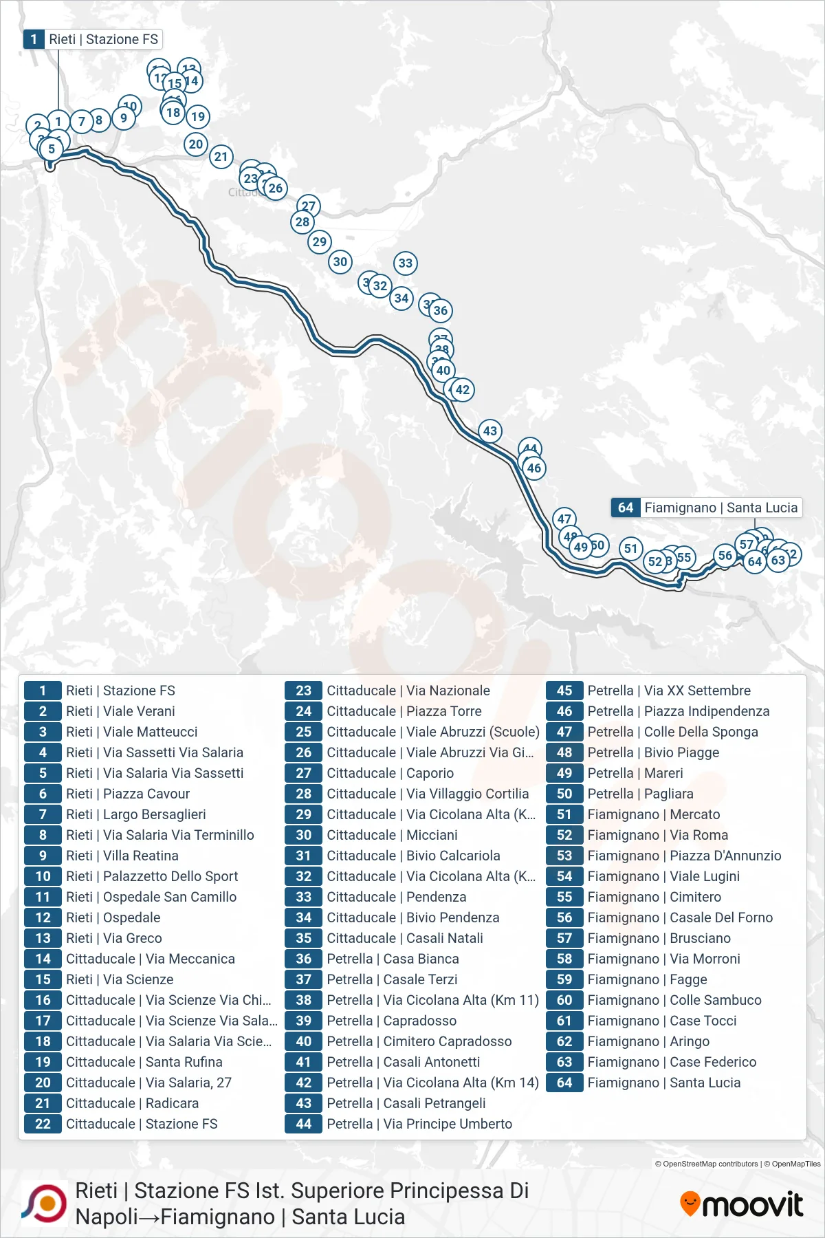 Linea COTRAL bus (Rieti | Stazione FS Ist. Superiore Principessa Di Napoli→Fiamignano | Santa Lucia) - Percorsi e fermate sulla mappa