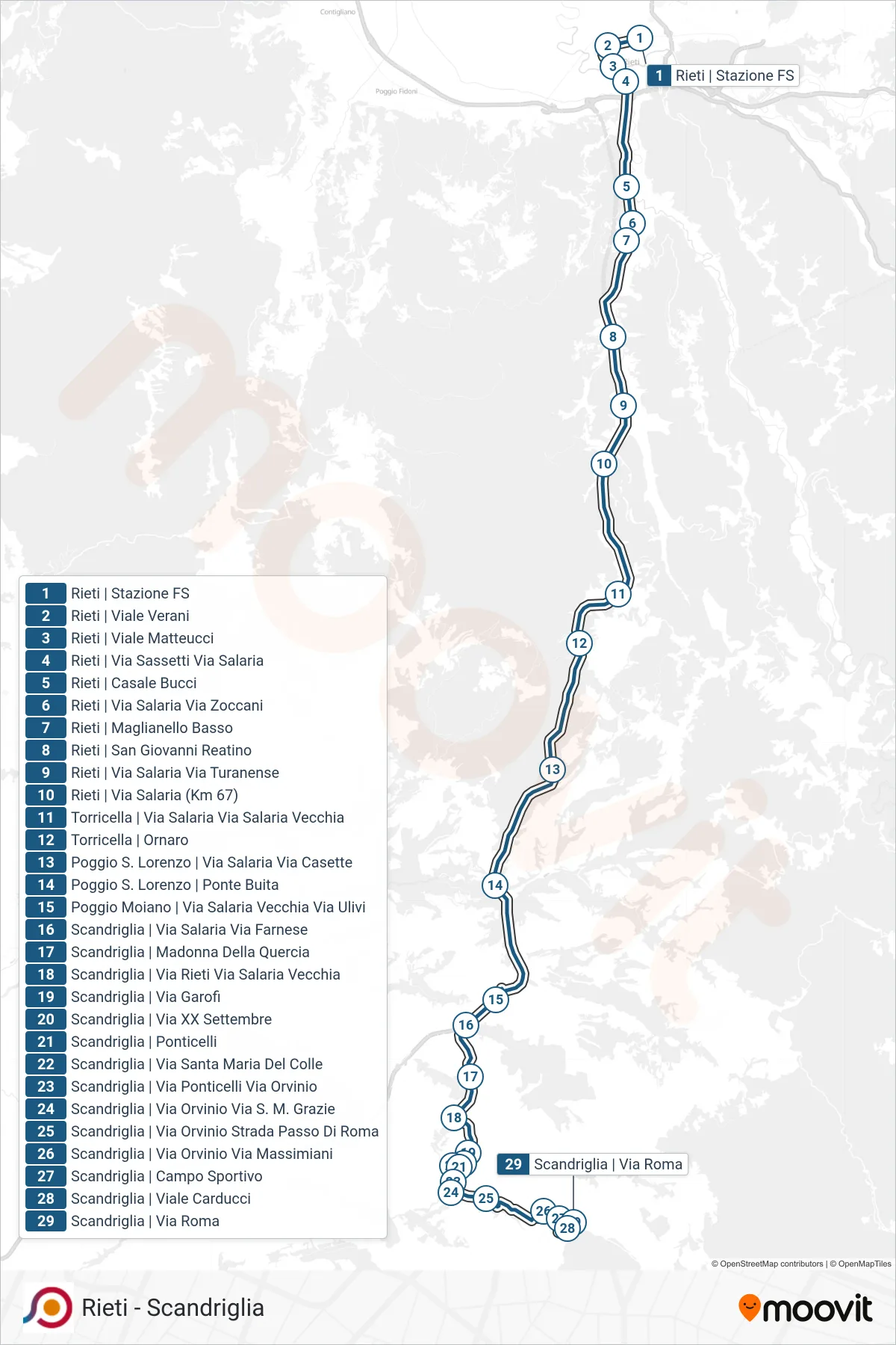 Linea COTRAL bus (Rieti | Stazione FS Ist. Superiore Principessa Di Napoli→Scandriglia | Via Roma) - Percorsi e fermate sulla mappa