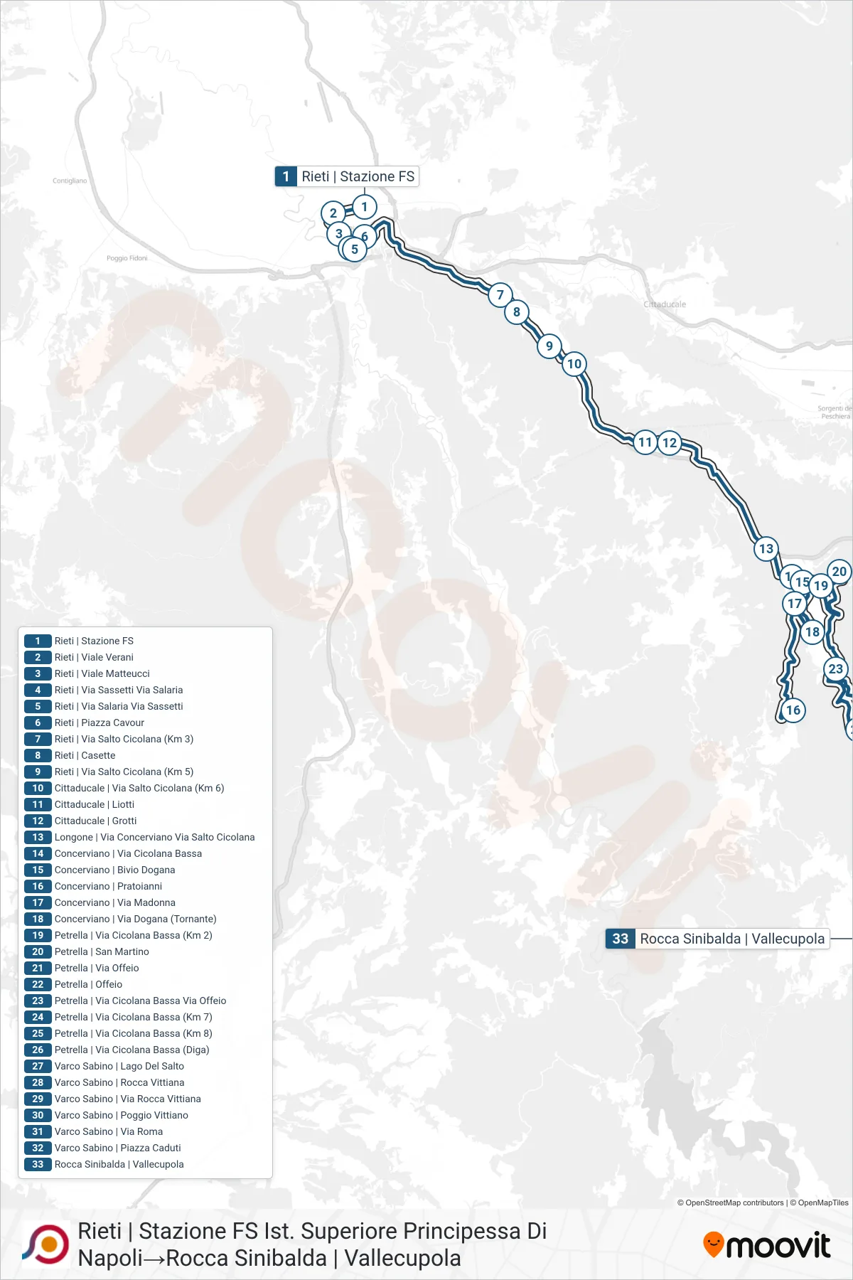 Linea COTRAL  bus (Rieti | Stazione FS Ist. Superiore Principessa Di Napoli‎→Rocca Sinibalda | Vallecupola) - Percorsi e fermate sulla mappa