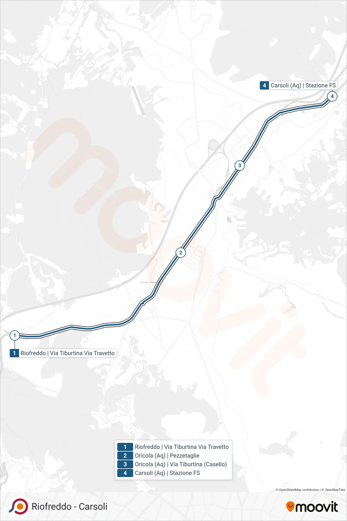 Linea COTRAL bus (Riofreddo | Via Tiburtina Via Travetto→Carsoli (Aq) | Stazione FS) - Percorsi e fermate sulla mappa